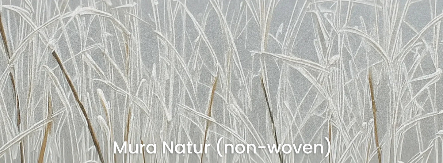 Zbliżenie na fototapetę FROST WHISPERS - tapeta z mglistymi trawami o świcie na naturalnym podłożu ekologicznym.