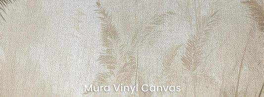 Zbliżenie na fototapetę WHISPERING BREEZE - tapeta z mglistymi trawami o świcie na podłożu o fakturze płótna.