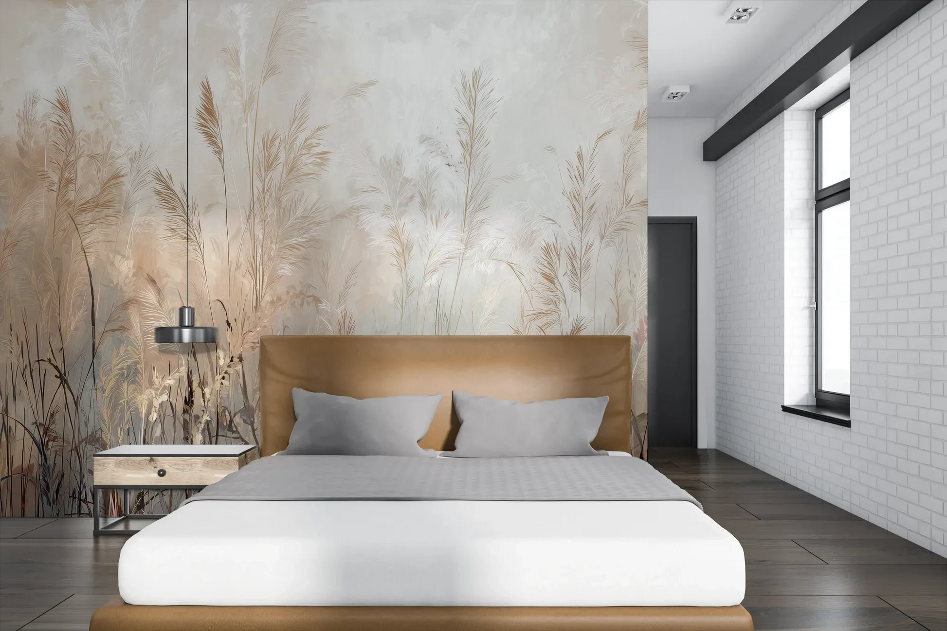 Wzór fototapety FEATHERED SOLACE - tapeta z mglistymi trawami w jasnej tonacji pokazanej w aranżacji sypialni.