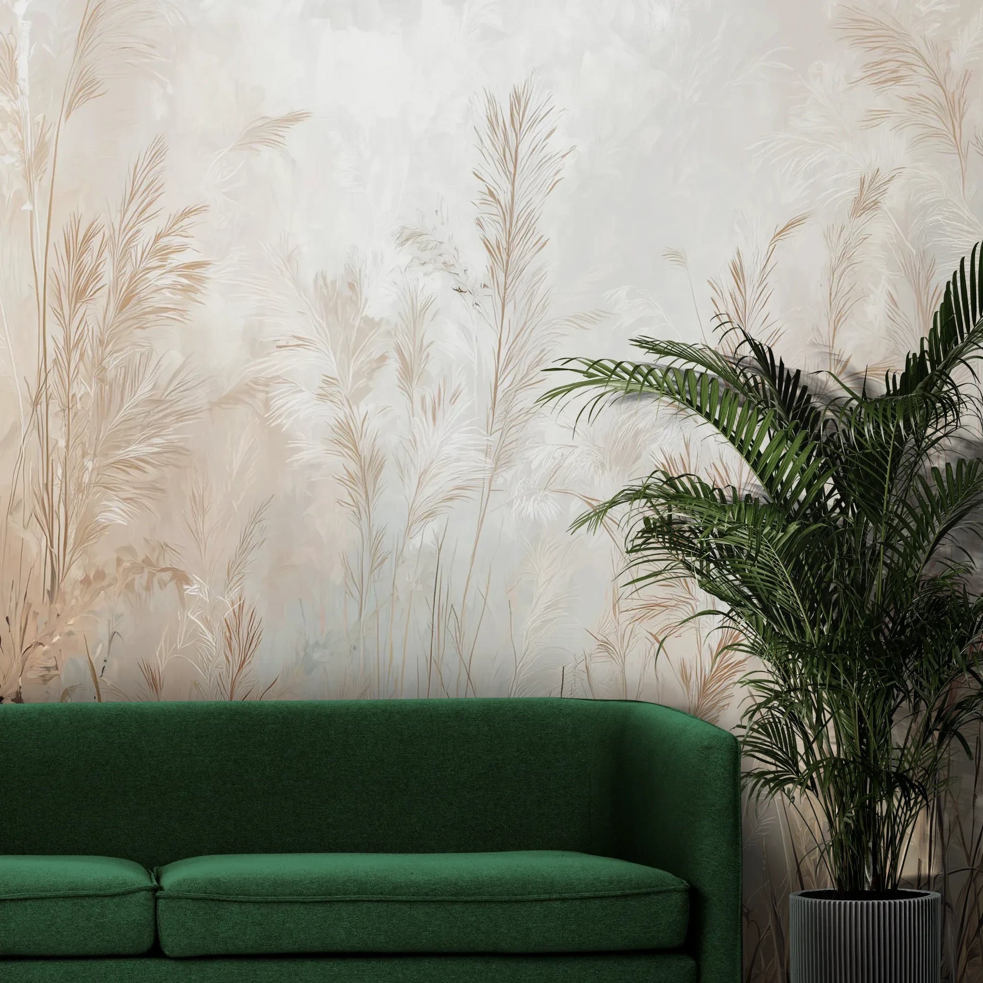 Fototapeta FEATHERED SOLACE - tapeta z mglistymi trawami w jasnej tonacji pokazana w aranżacji wnętrza z akcentem na ścianie.