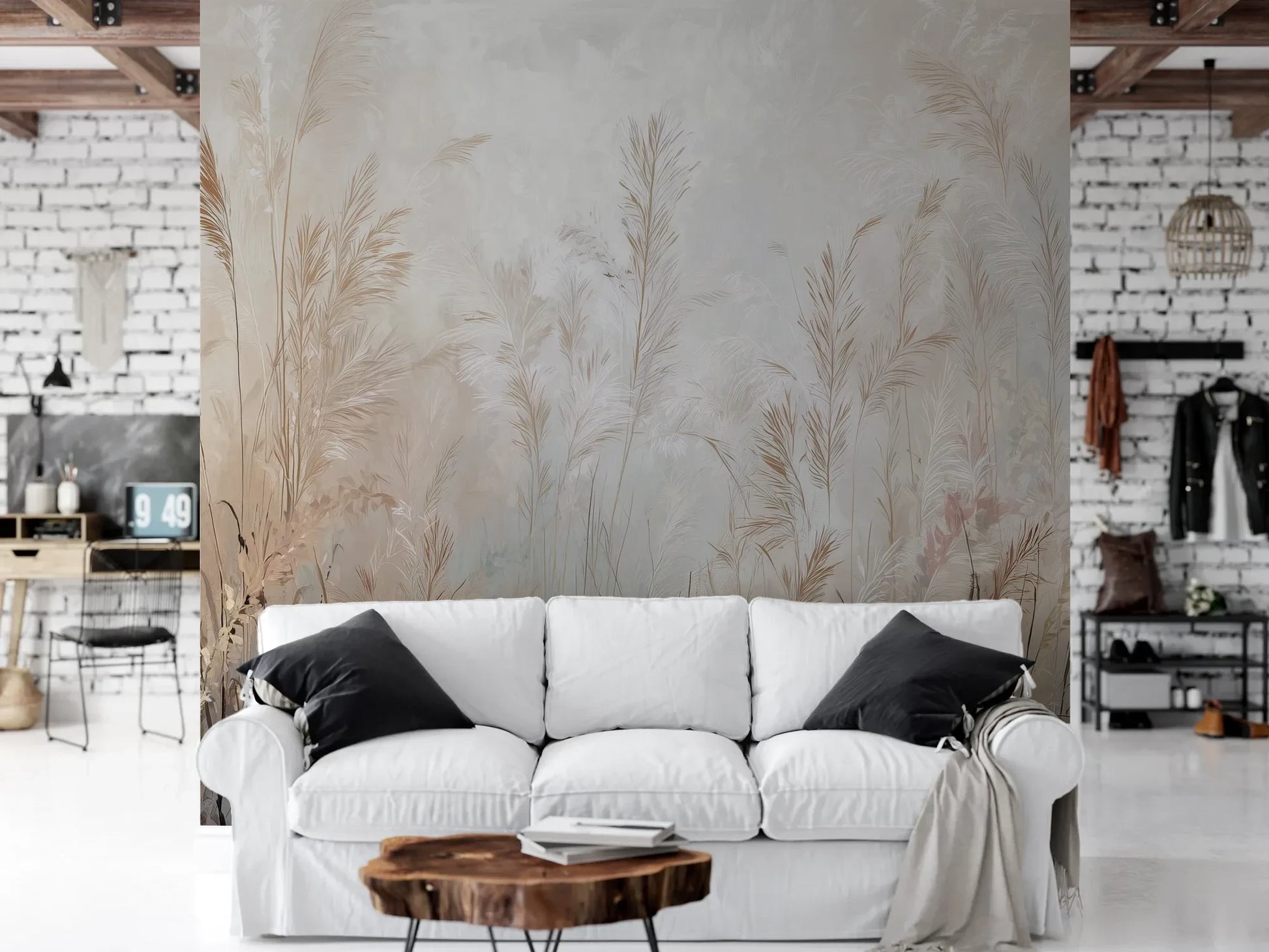 Wzór fototapety FEATHERED SOLACE - tapeta z mglistymi trawami w jasnej tonacji pokazanej w aranżacji salonu.