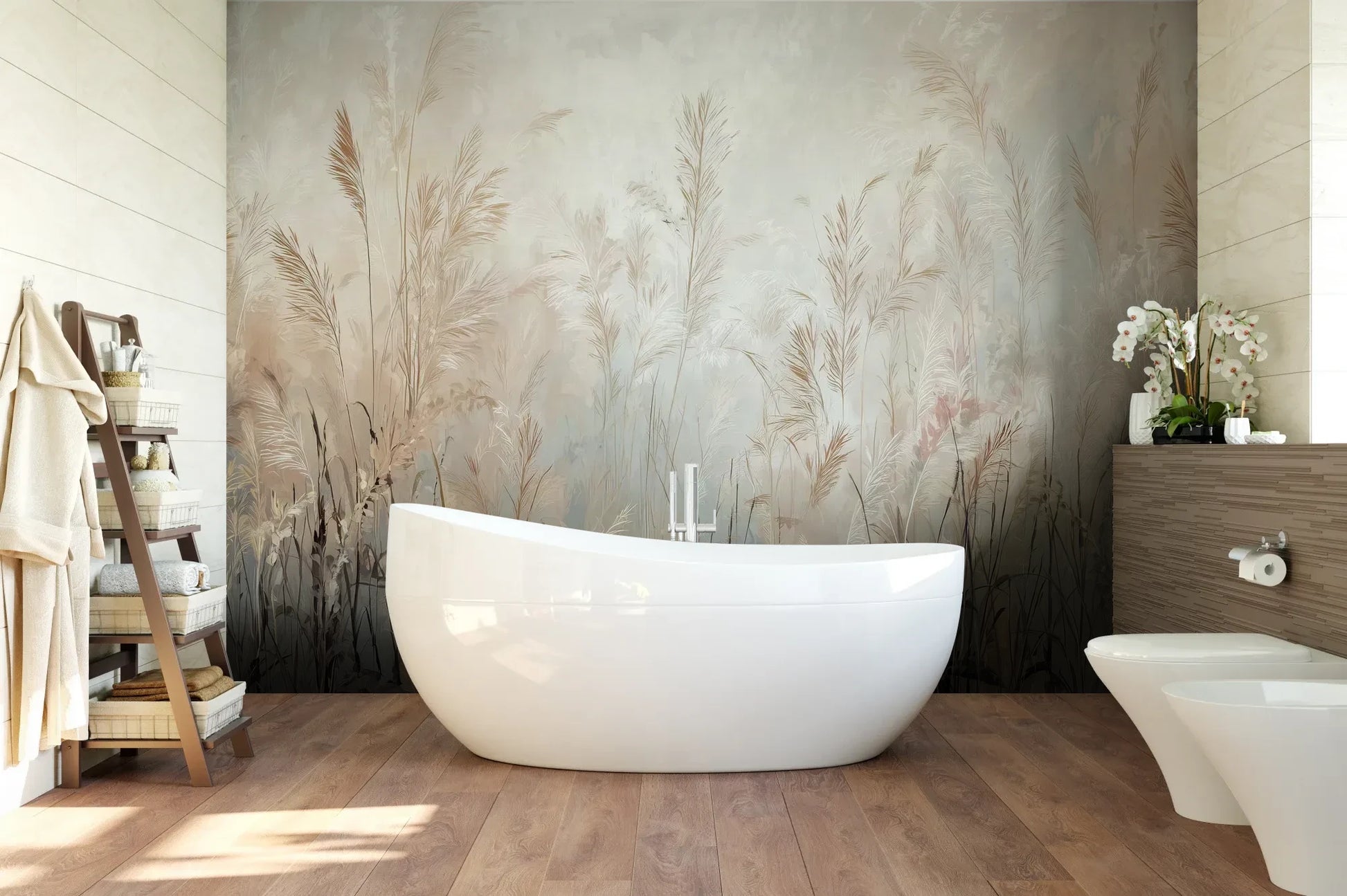 Wzór fototapety FEATHERED SOLACE - tapeta z mglistymi trawami w jasnej tonacji pokazanej w aranżacji łazienki.