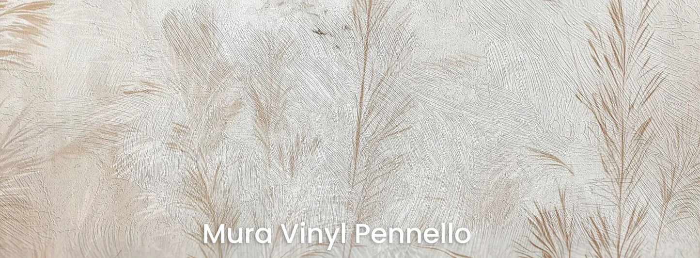 Zbliżenie na fototapetę FEATHERED SOLACE - tapeta z mglistymi trawami w jasnej tonacji na podłożu o fakturze pociągnięć pędzla.