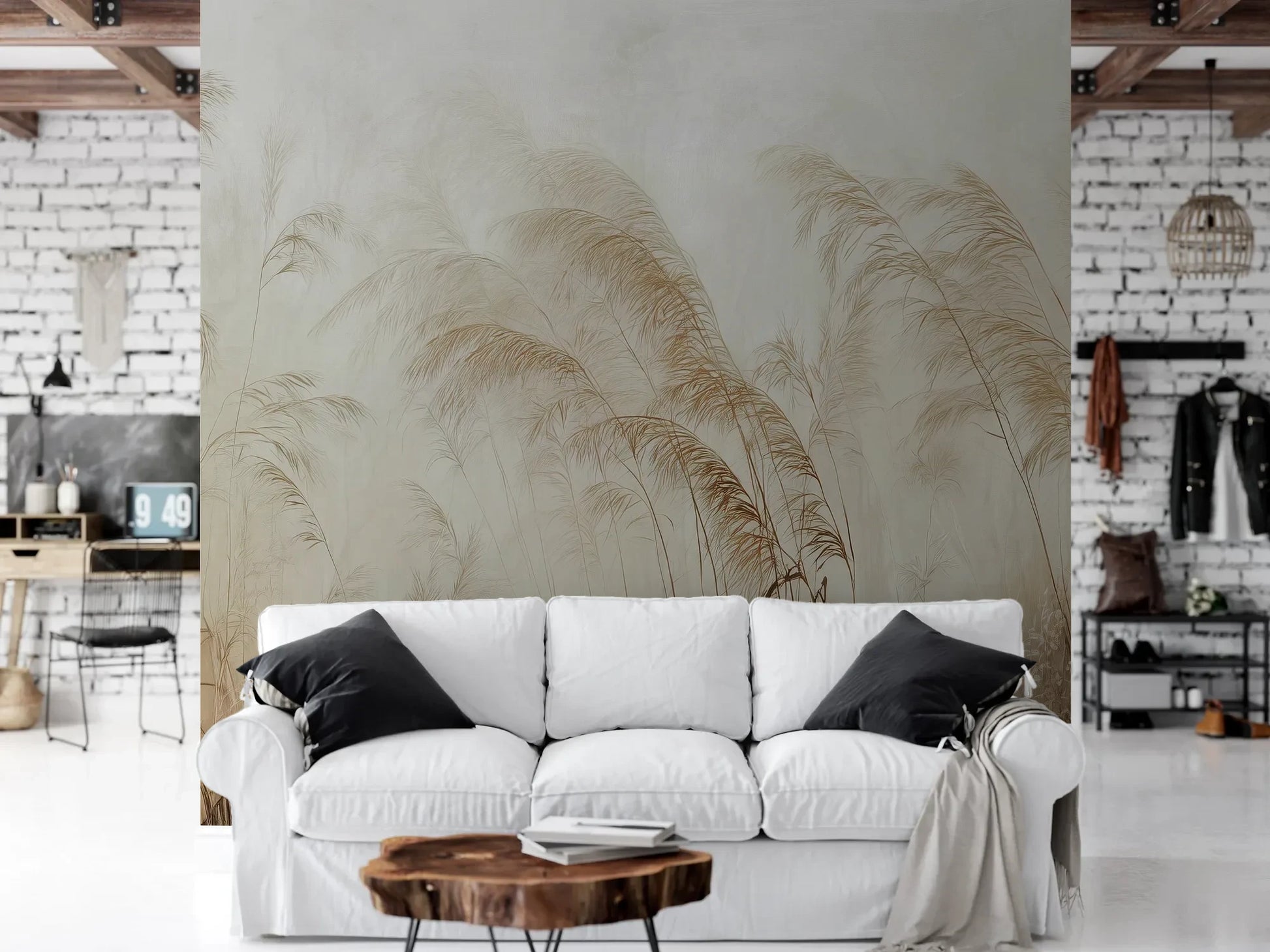 Wzór fototapety SERENITY FIELDS - tapeta z mglistymi trawami o świcie pokazanej w aranżacji salonu.