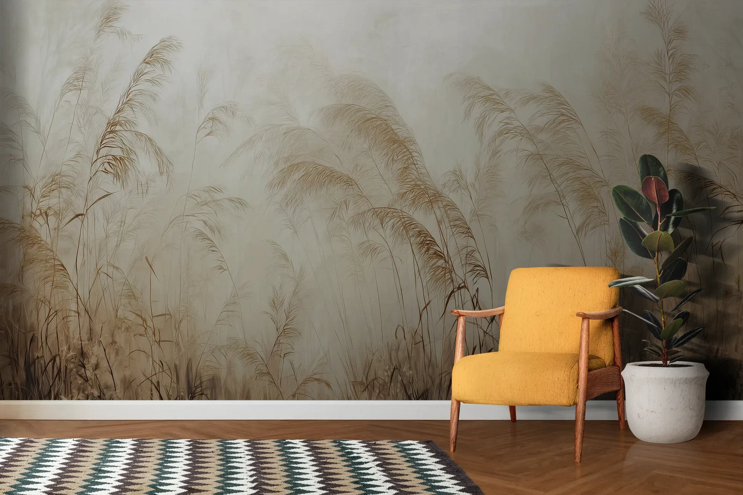 Wzór fototapety SERENITY FIELDS - tapeta z mglistymi trawami o świcie pokazanej w aranżacji salonu.