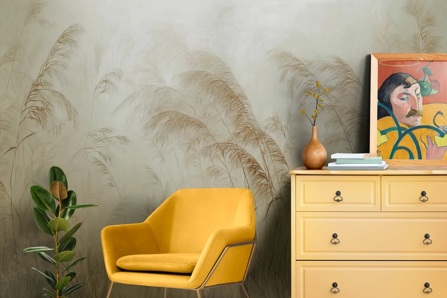 Wzór fototapety SERENITY FIELDS - tapeta z mglistymi trawami o świcie pokazanej w aranżacji salonu.