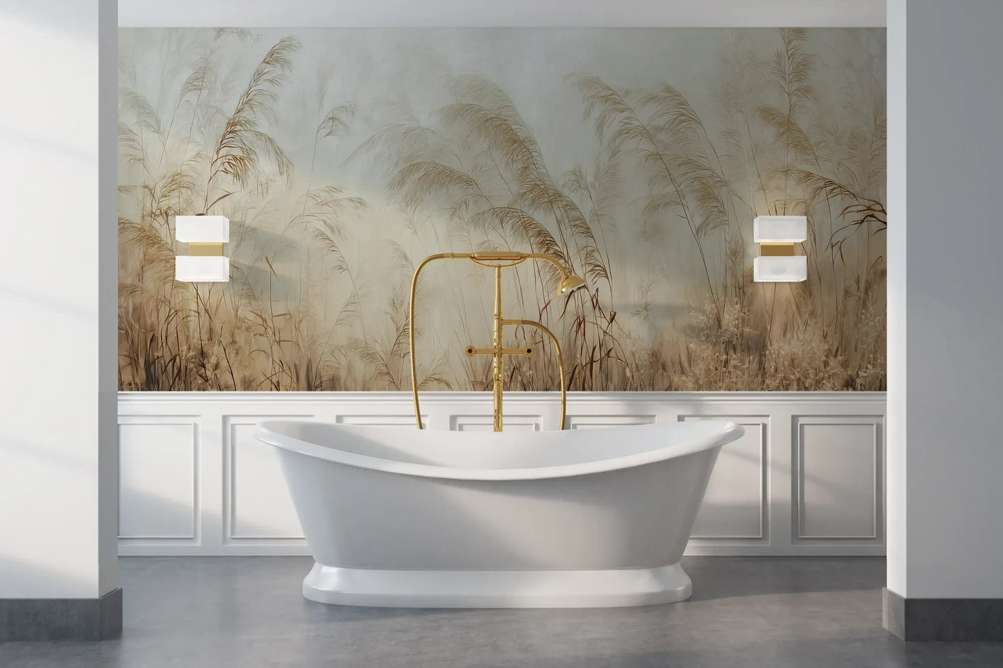 Wzór fototapety SERENITY FIELDS - tapeta z mglistymi trawami o świcie pokazanej w aranżacji łazienki.