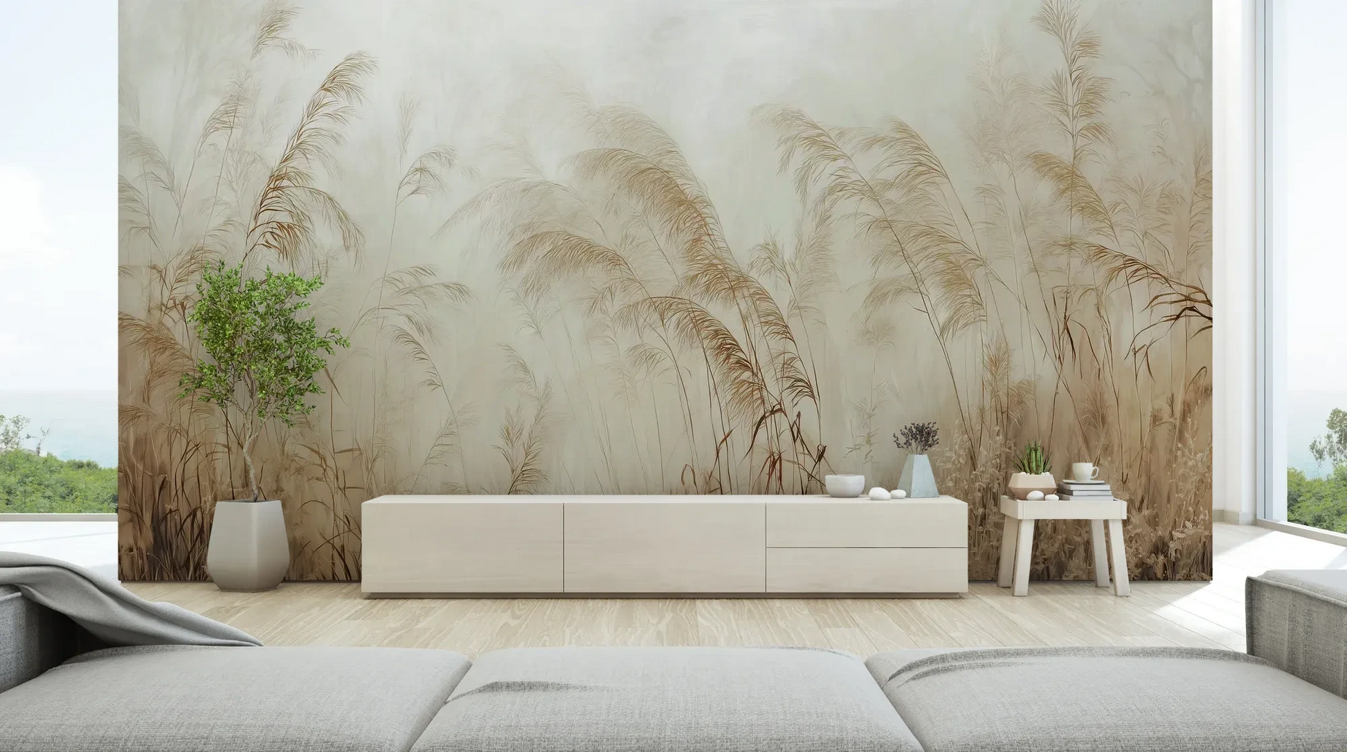 Wzór fototapety SERENITY FIELDS - tapeta z mglistymi trawami o świcie pokazanej w aranżacji salonu.