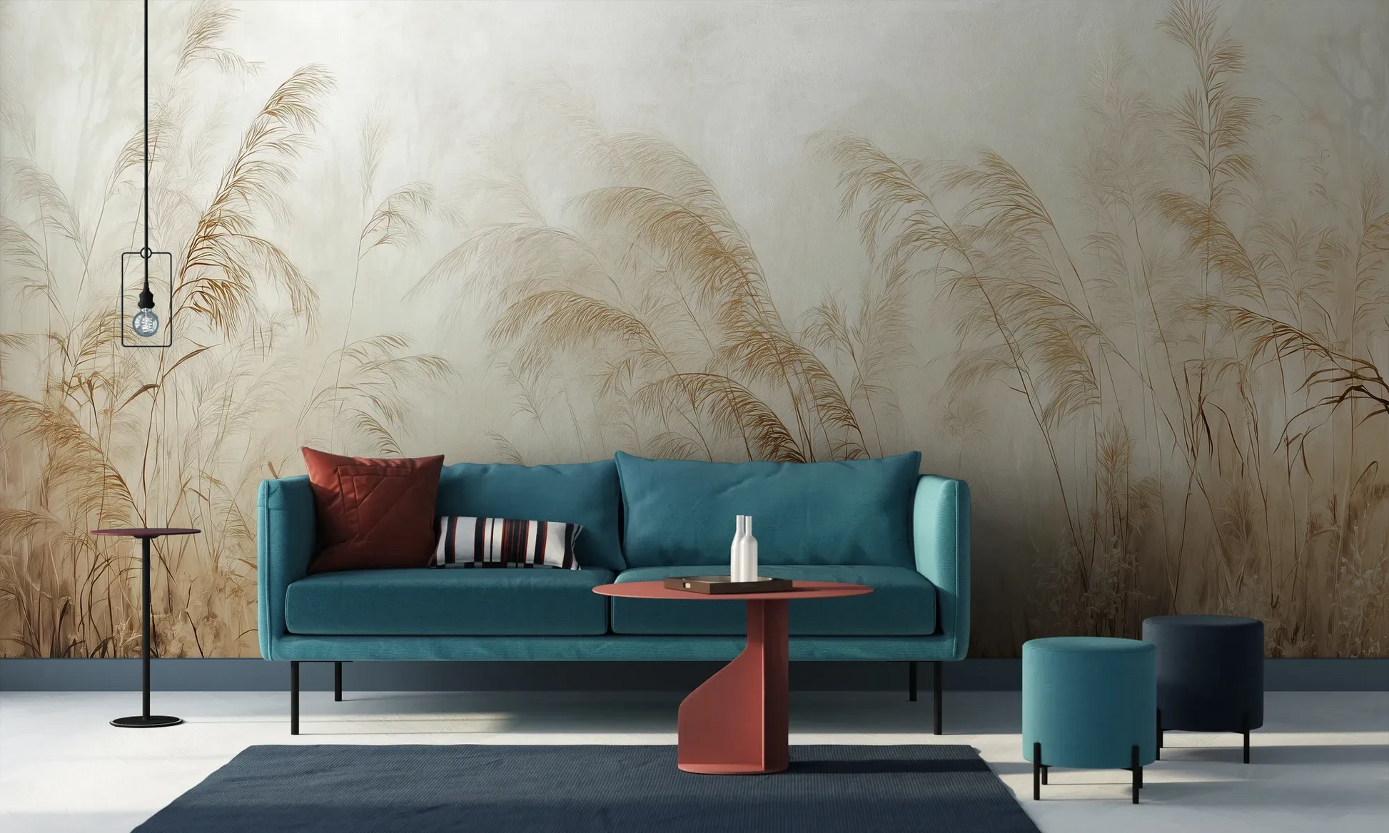 Wzór fototapety SERENITY FIELDS - tapeta z mglistymi trawami o świcie pokazanej w aranżacji salonu.