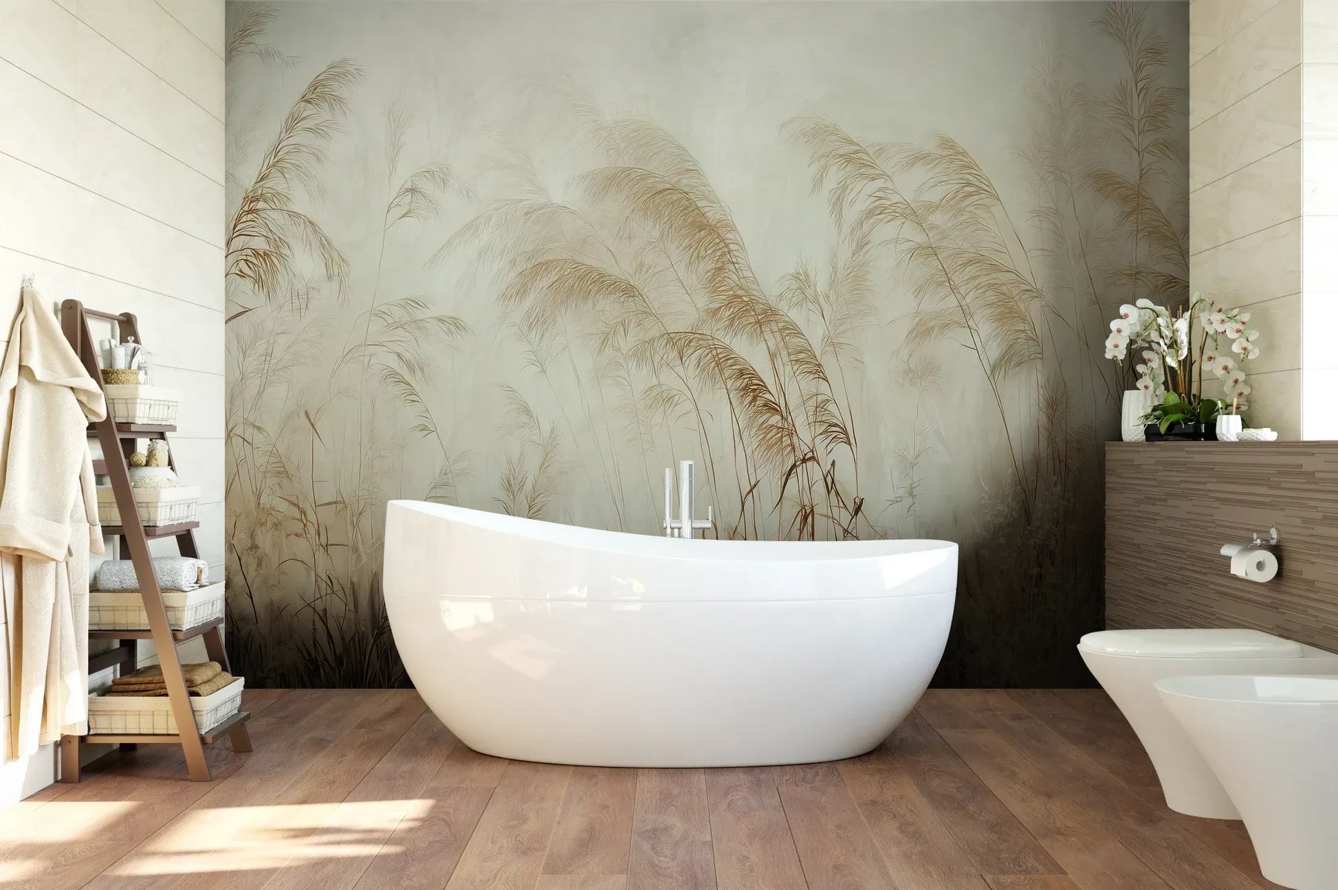 Wzór fototapety SERENITY FIELDS - tapeta z mglistymi trawami o świcie pokazanej w aranżacji łazienki.