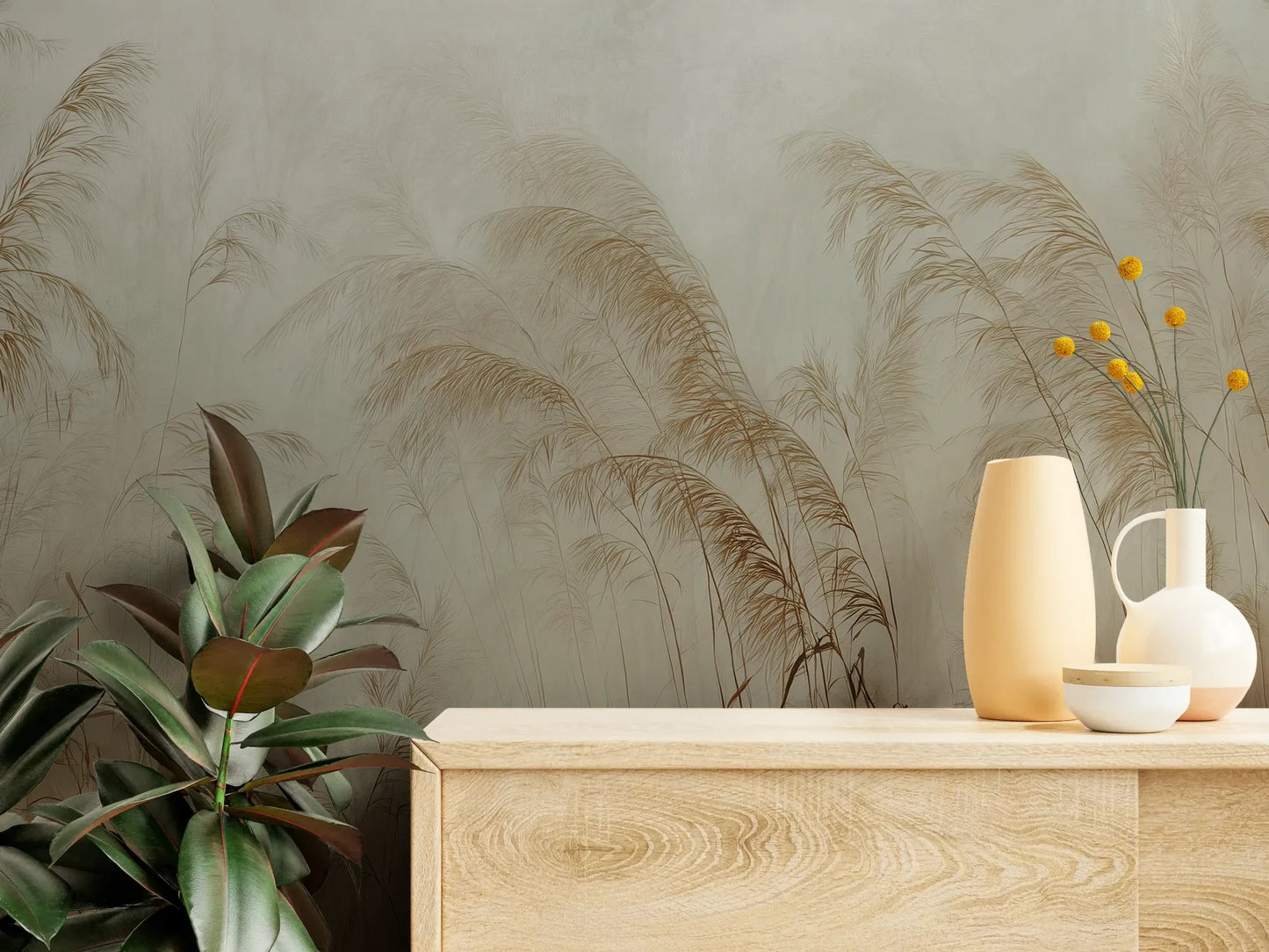 Fototapeta SERENITY FIELDS - tapeta z mglistymi trawami o świcie pokazana w aranżacji wnętrza z akcentem na ścianie.