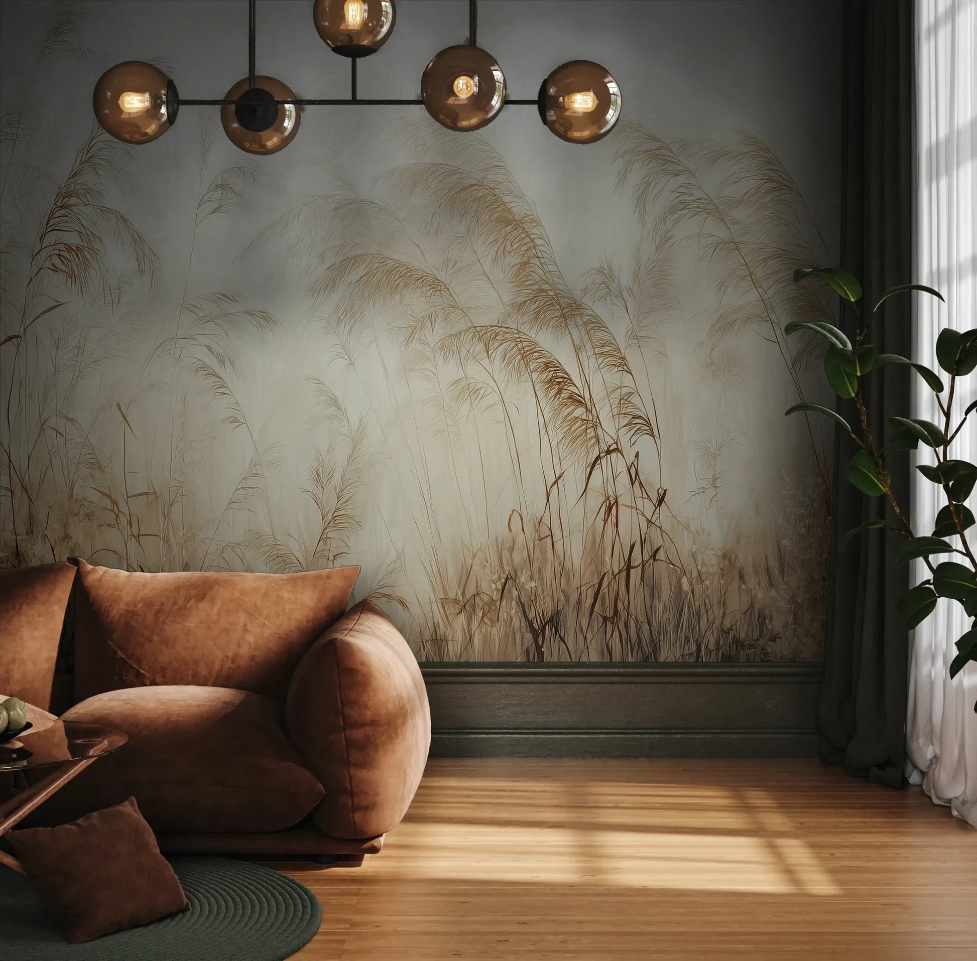Fototapeta SERENITY FIELDS - tapeta z mglistymi trawami o świcie pokazana w aranżacji wnętrza z akcentem na ścianie.