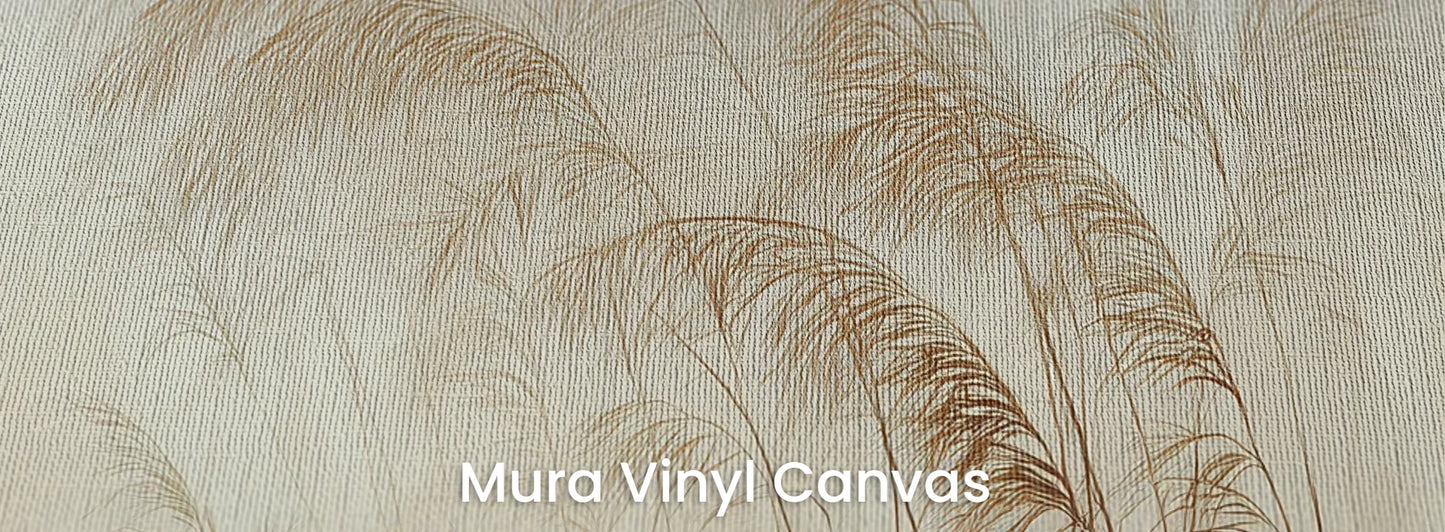 Zbliżenie na fototapetę SERENITY FIELDS - tapeta z mglistymi trawami o świcie na podłożu o fakturze płótna.