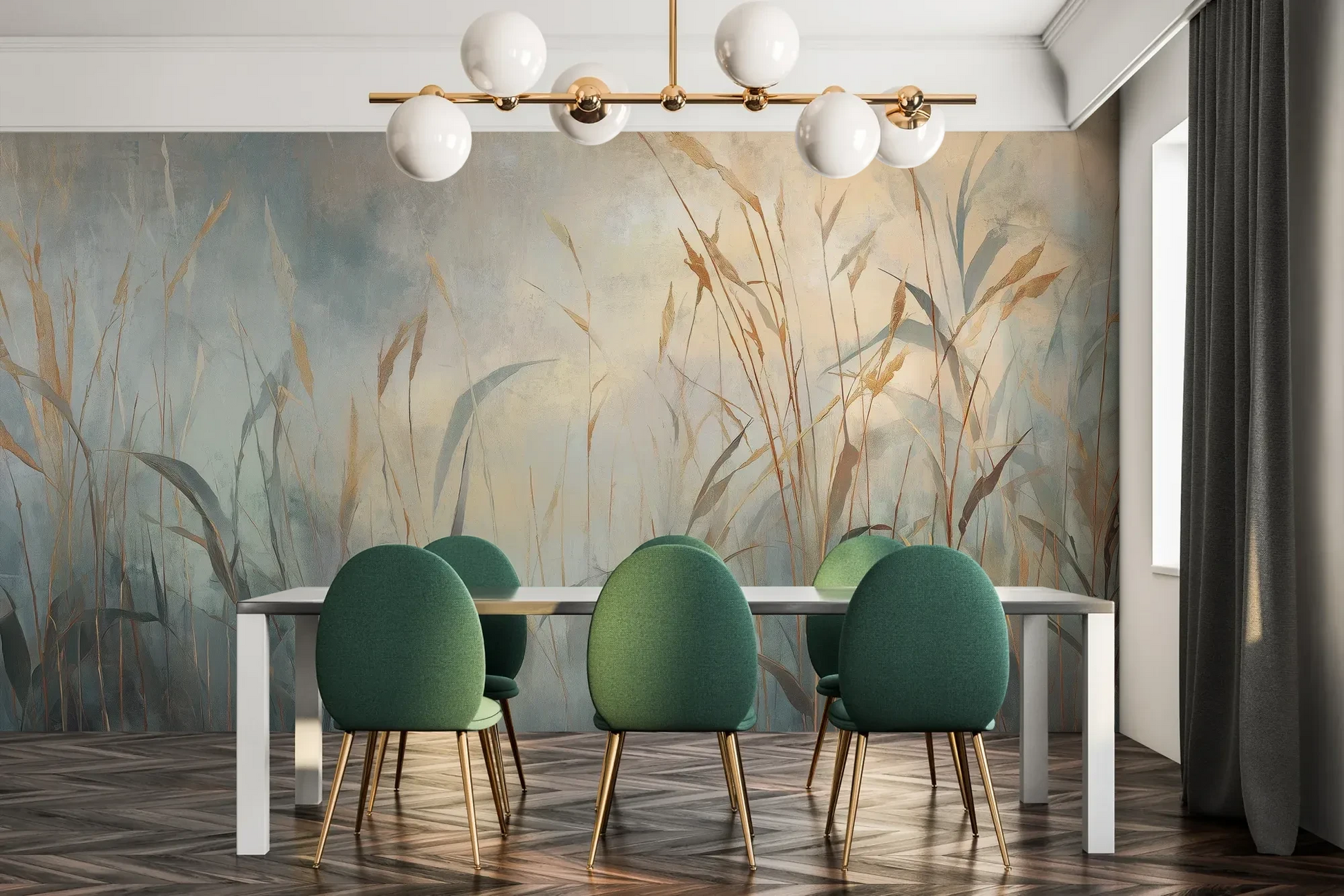 Fototapeta FOGGY EMBRACE - tapeta z mglistymi trawami o świcie pokazana w aranżacji jadalni.