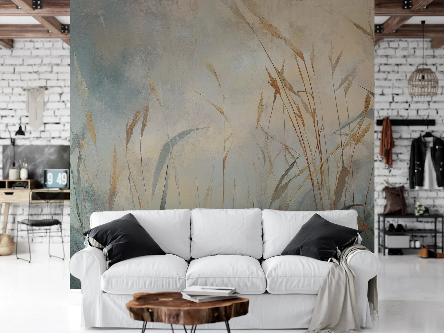 Wzór fototapety FOGGY EMBRACE - tapeta z mglistymi trawami o świcie pokazanej w aranżacji salonu.