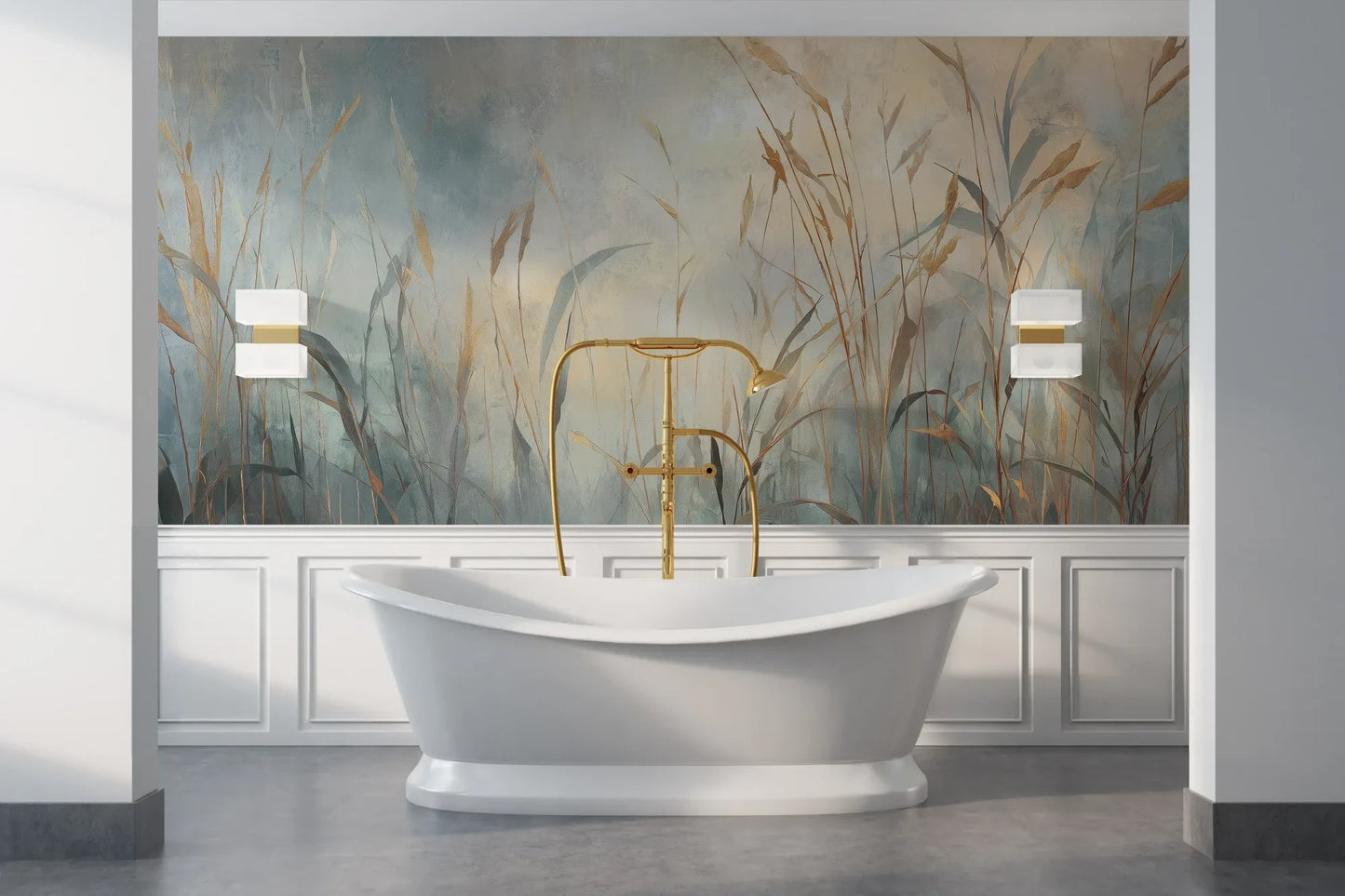 Wzór fototapety FOGGY EMBRACE - tapeta z mglistymi trawami o świcie pokazanej w aranżacji łazienki.