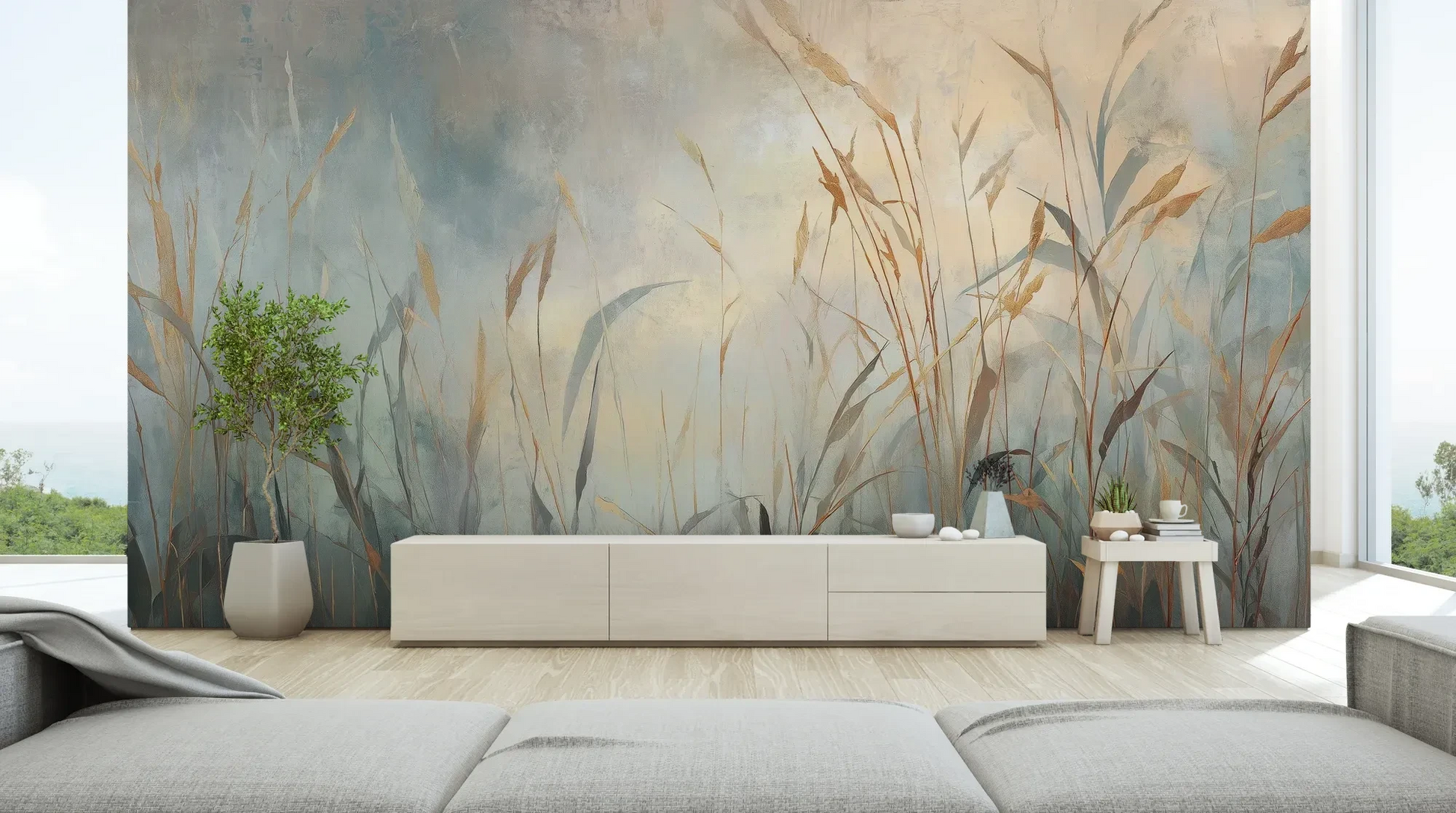 Wzór fototapety FOGGY EMBRACE - tapeta z mglistymi trawami o świcie pokazanej w aranżacji salonu.