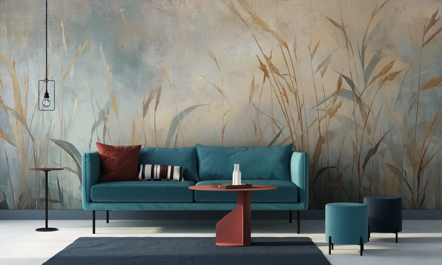 Wzór fototapety FOGGY EMBRACE - tapeta z mglistymi trawami o świcie pokazanej w aranżacji salonu.