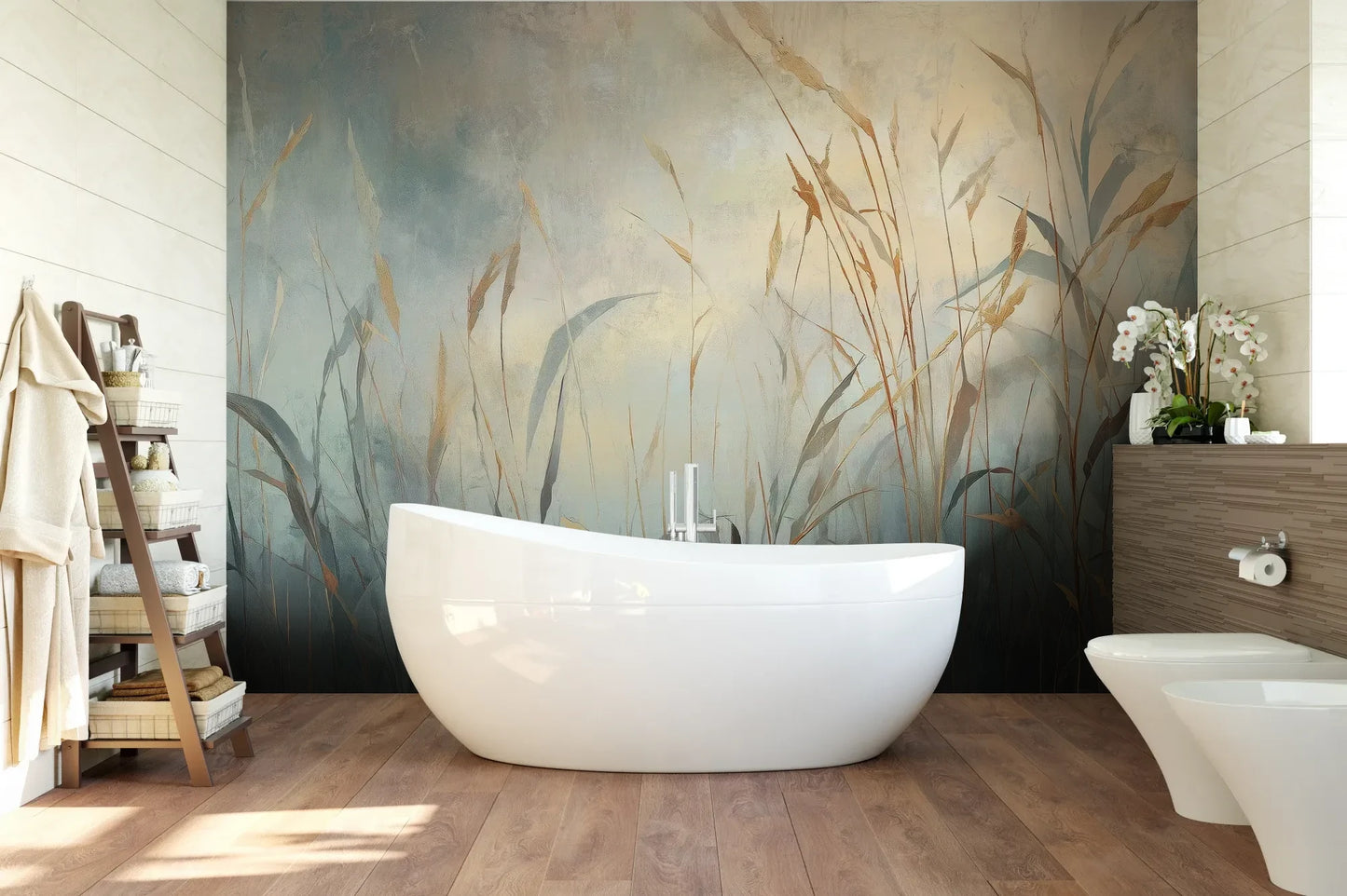 Wzór fototapety FOGGY EMBRACE - tapeta z mglistymi trawami o świcie pokazanej w aranżacji łazienki.