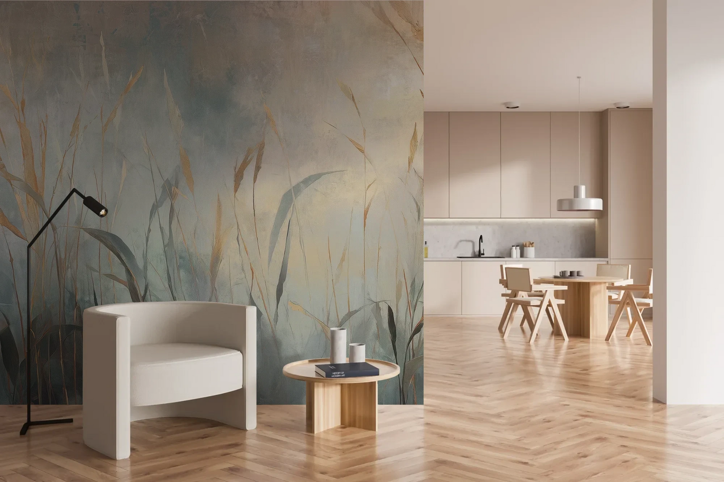 Wzór fototapety FOGGY EMBRACE - tapeta z mglistymi trawami o świcie pokazanej w aranżacji kuchni.