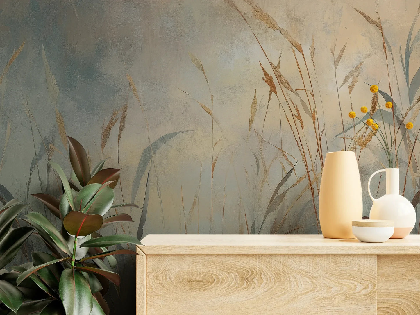 Fototapeta FOGGY EMBRACE - tapeta z mglistymi trawami o świcie pokazana w aranżacji wnętrza z akcentem na ścianie.