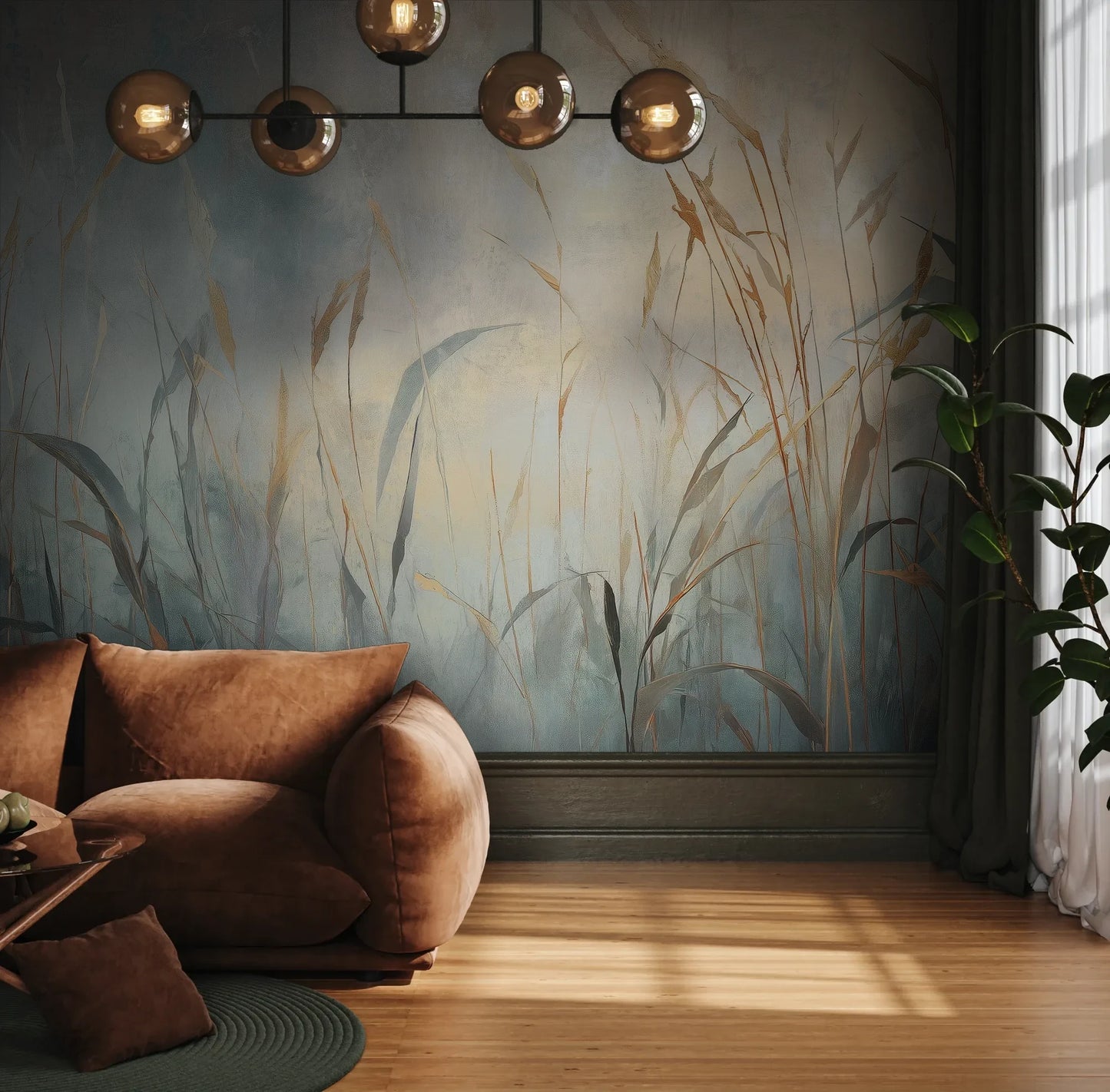 Fototapeta FOGGY EMBRACE - tapeta z mglistymi trawami o świcie pokazana w aranżacji wnętrza z akcentem na ścianie.