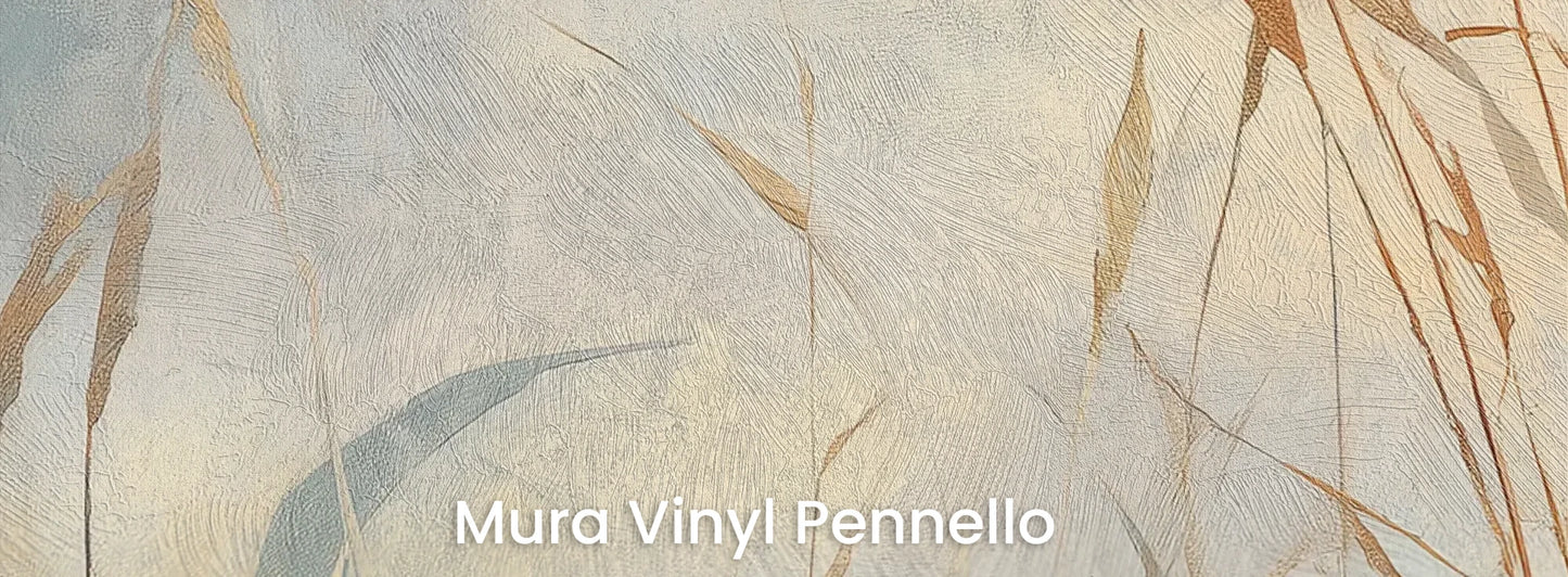 Zbliżenie na fototapetę FOGGY EMBRACE - tapeta z mglistymi trawami o świcie na podłożu o fakturze pociągnięć pędzla.