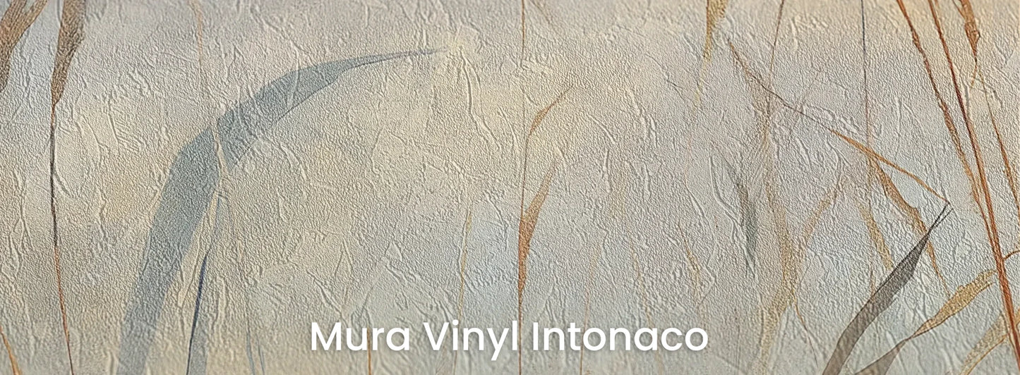 Zbliżenie na fototapetę FOGGY EMBRACE - tapeta z mglistymi trawami o świcie na podłożu o strukturze tartego tynku.