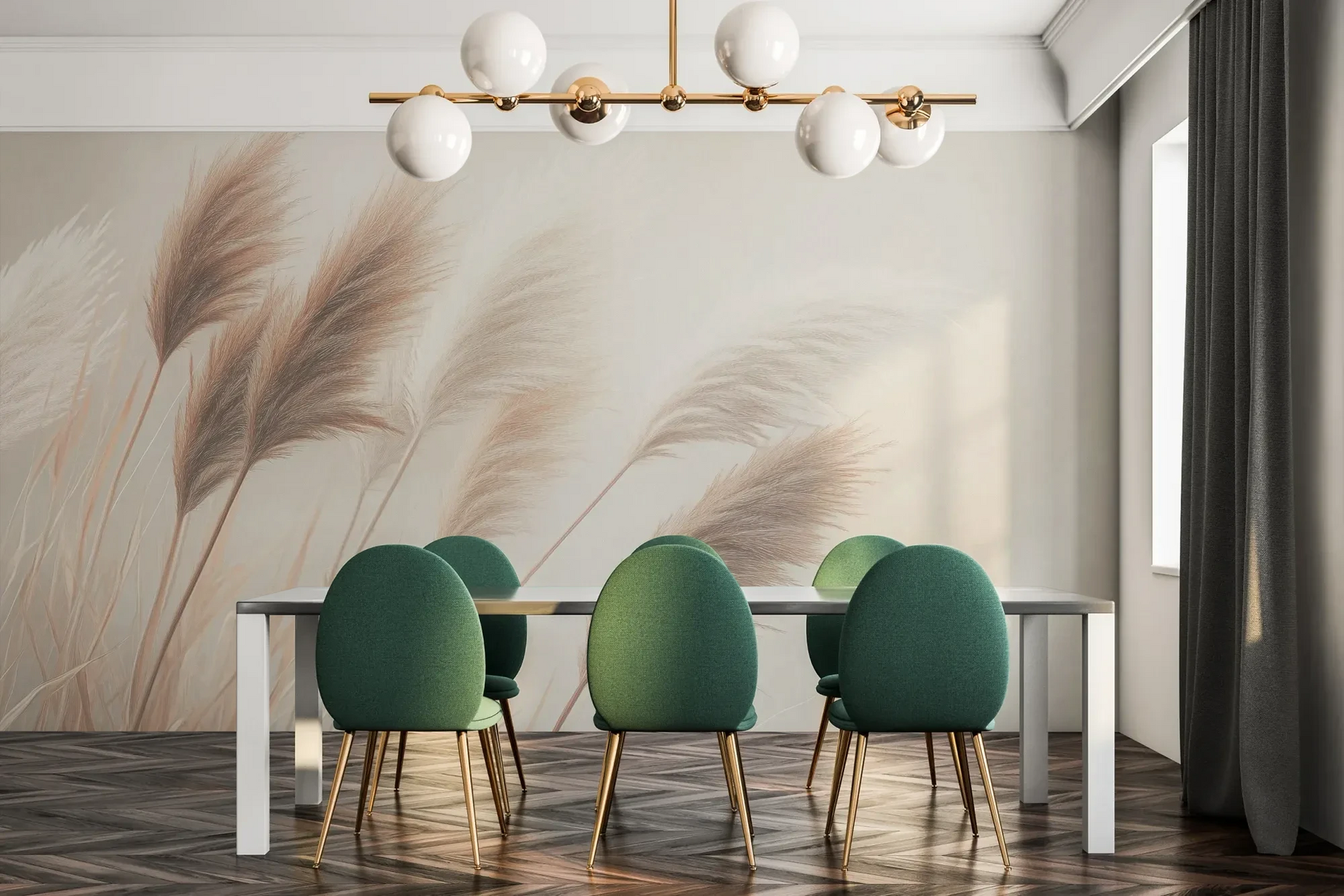 Fototapeta DESERT WHISPERS - tapeta z delikatnymi źdźbłami trawy w beżowych odcieniach pokazana w aranżacji jadalni.