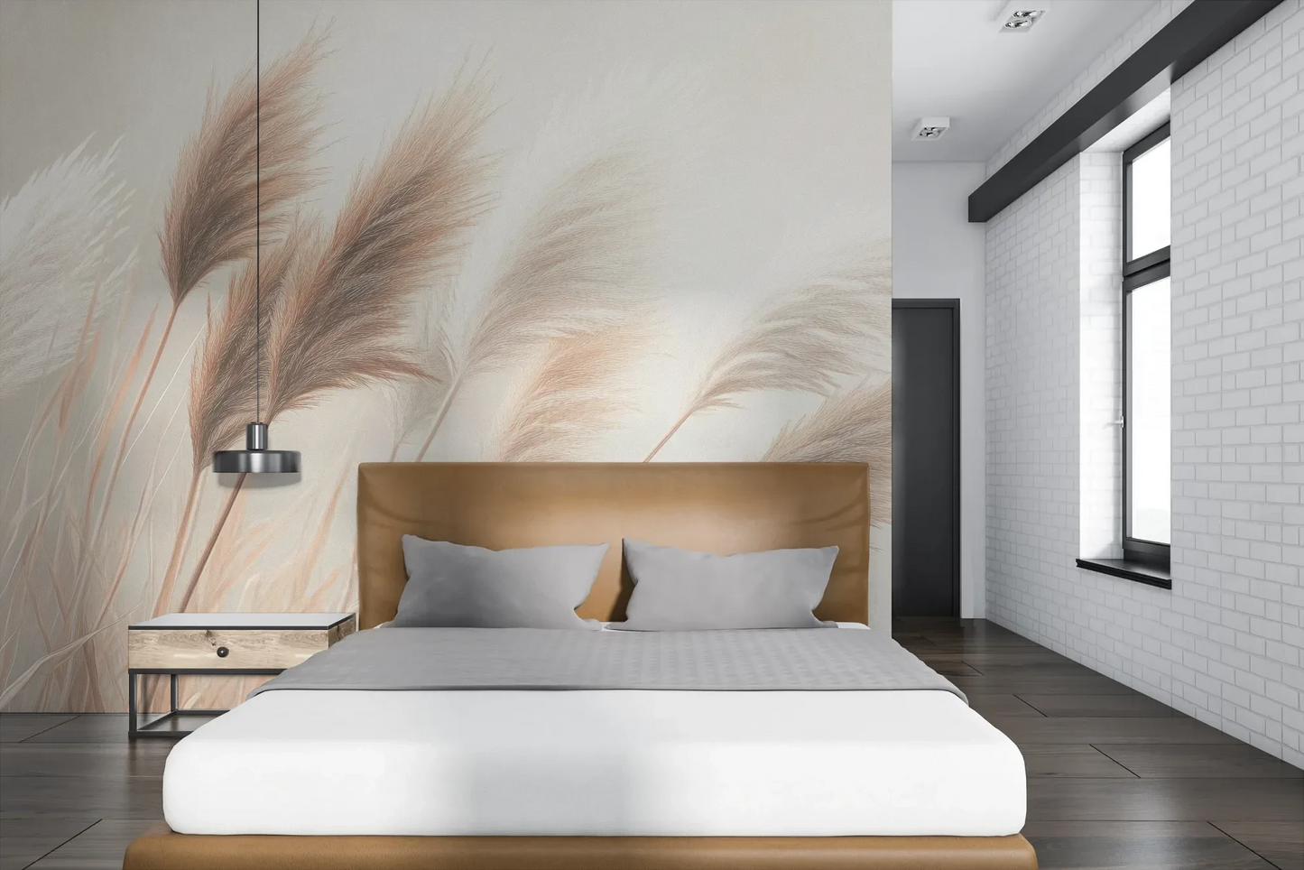Wzór fototapety DESERT WHISPERS - tapeta z delikatnymi źdźbłami trawy w beżowych odcieniach pokazanej w aranżacji sypialni.