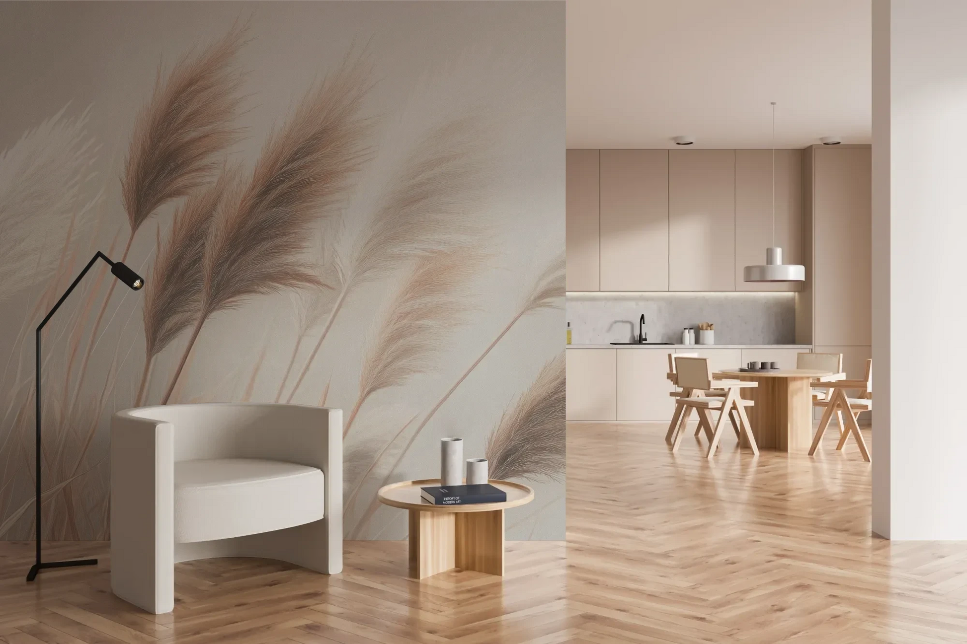 Wzór fototapety DESERT WHISPERS - tapeta z delikatnymi źdźbłami trawy w beżowych odcieniach pokazanej w aranżacji kuchni.