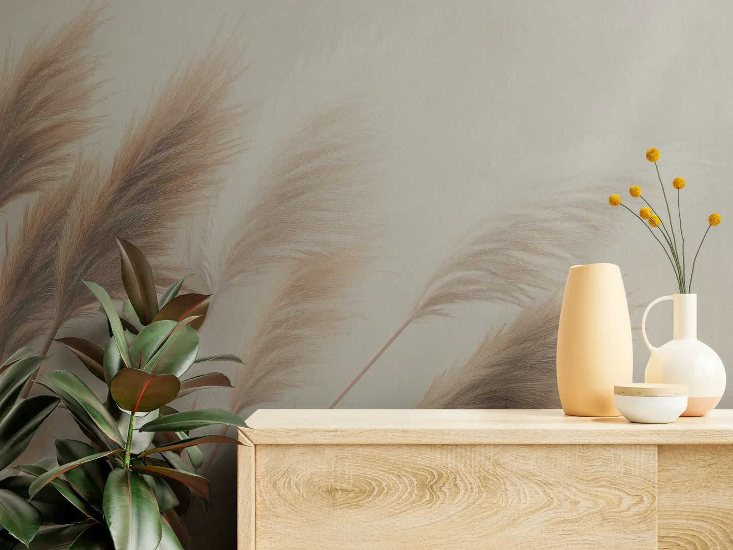 Fototapeta DESERT WHISPERS - tapeta z delikatnymi źdźbłami trawy w beżowych odcieniach pokazana w aranżacji wnętrza z akcentem na ścianie.