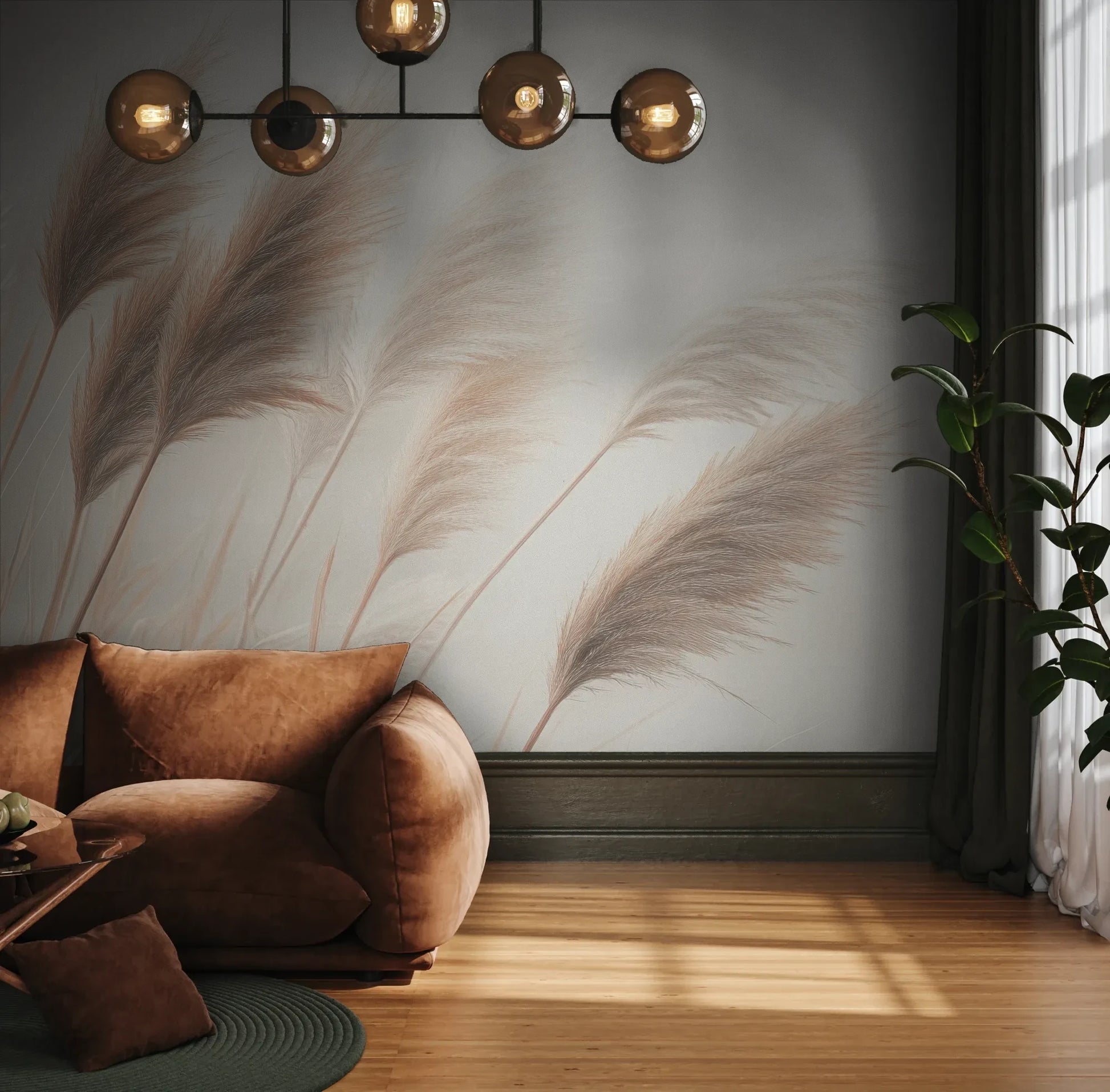 Fototapeta DESERT WHISPERS - tapeta z delikatnymi źdźbłami trawy w beżowych odcieniach pokazana w aranżacji wnętrza z akcentem na ścianie.