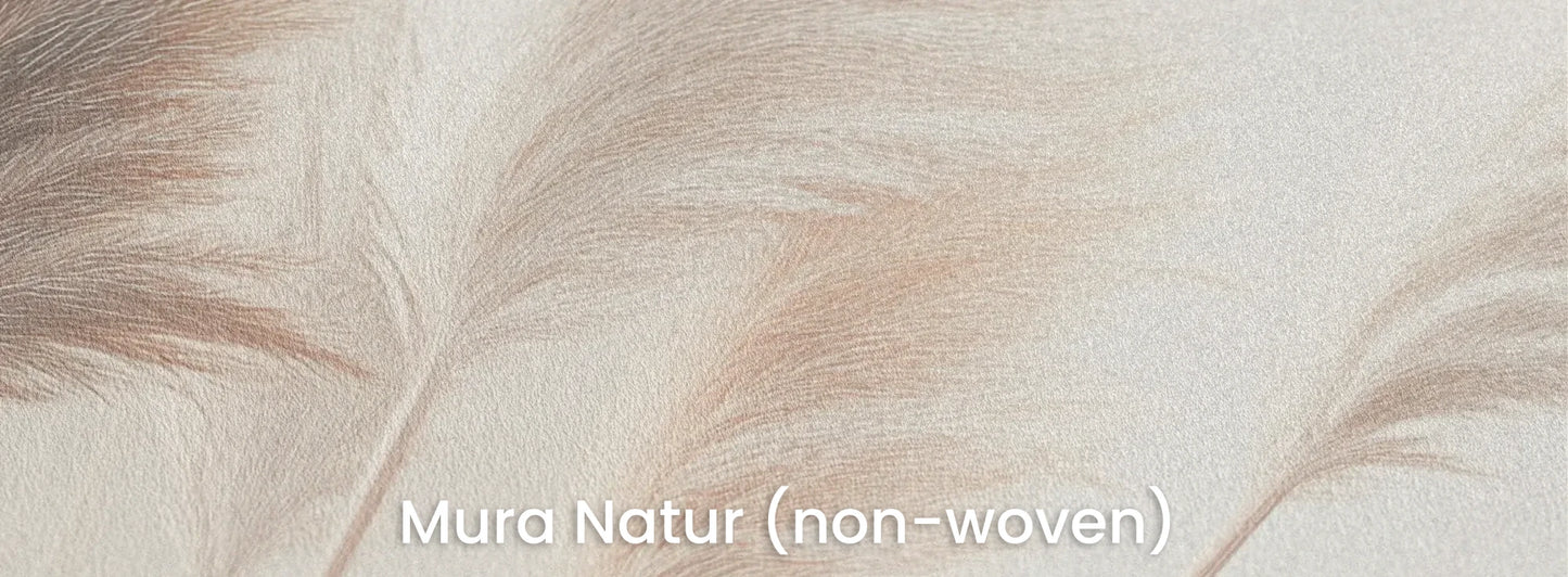 Zbliżenie na fototapetę DESERT WHISPERS - tapeta z delikatnymi źdźbłami trawy w beżowych odcieniach na naturalnym podłożu ekologicznym.