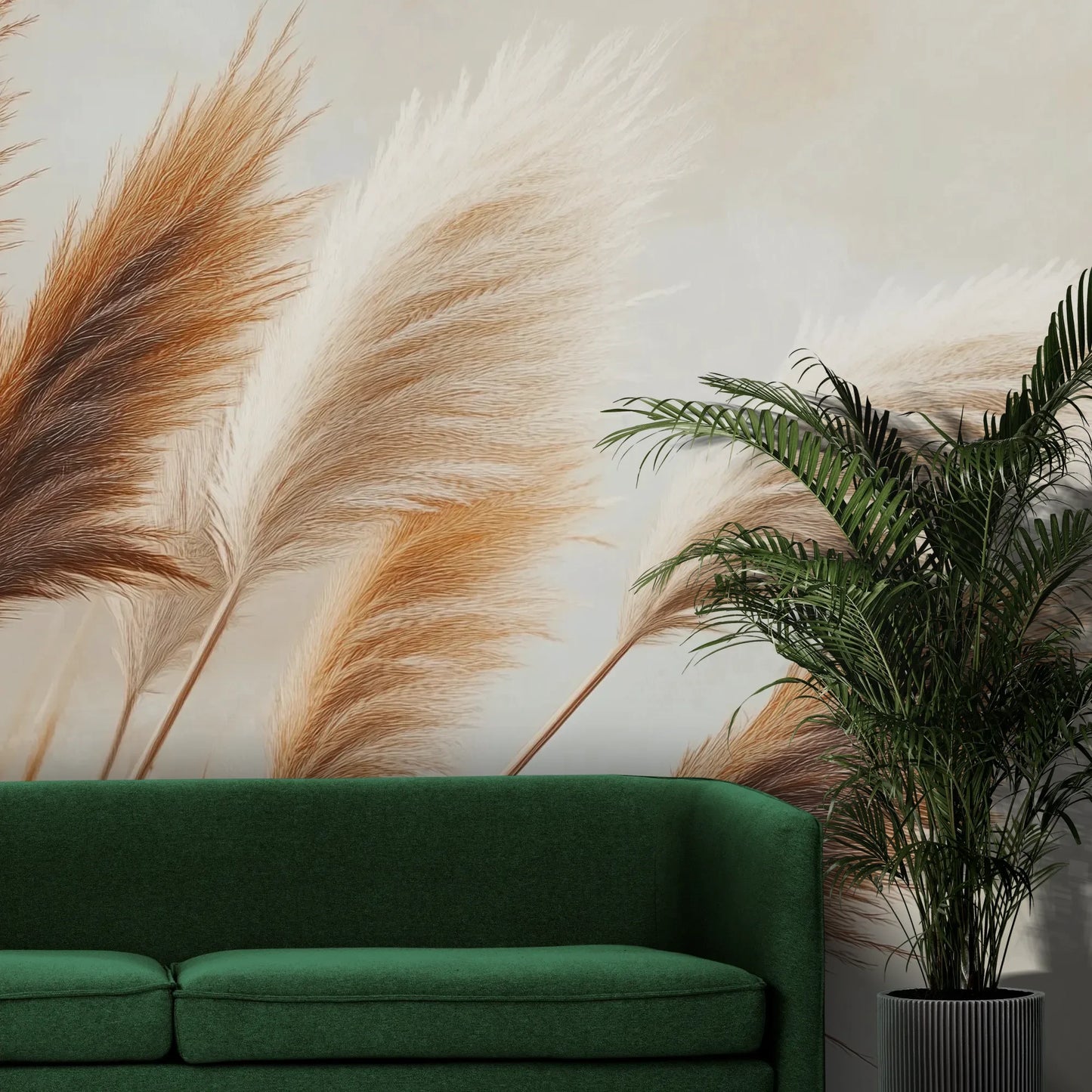 Fototapeta PAMPAS DREAMS - tapeta z beżowymi trawami pampasowymi pokazana w aranżacji wnętrza z akcentem na ścianie.