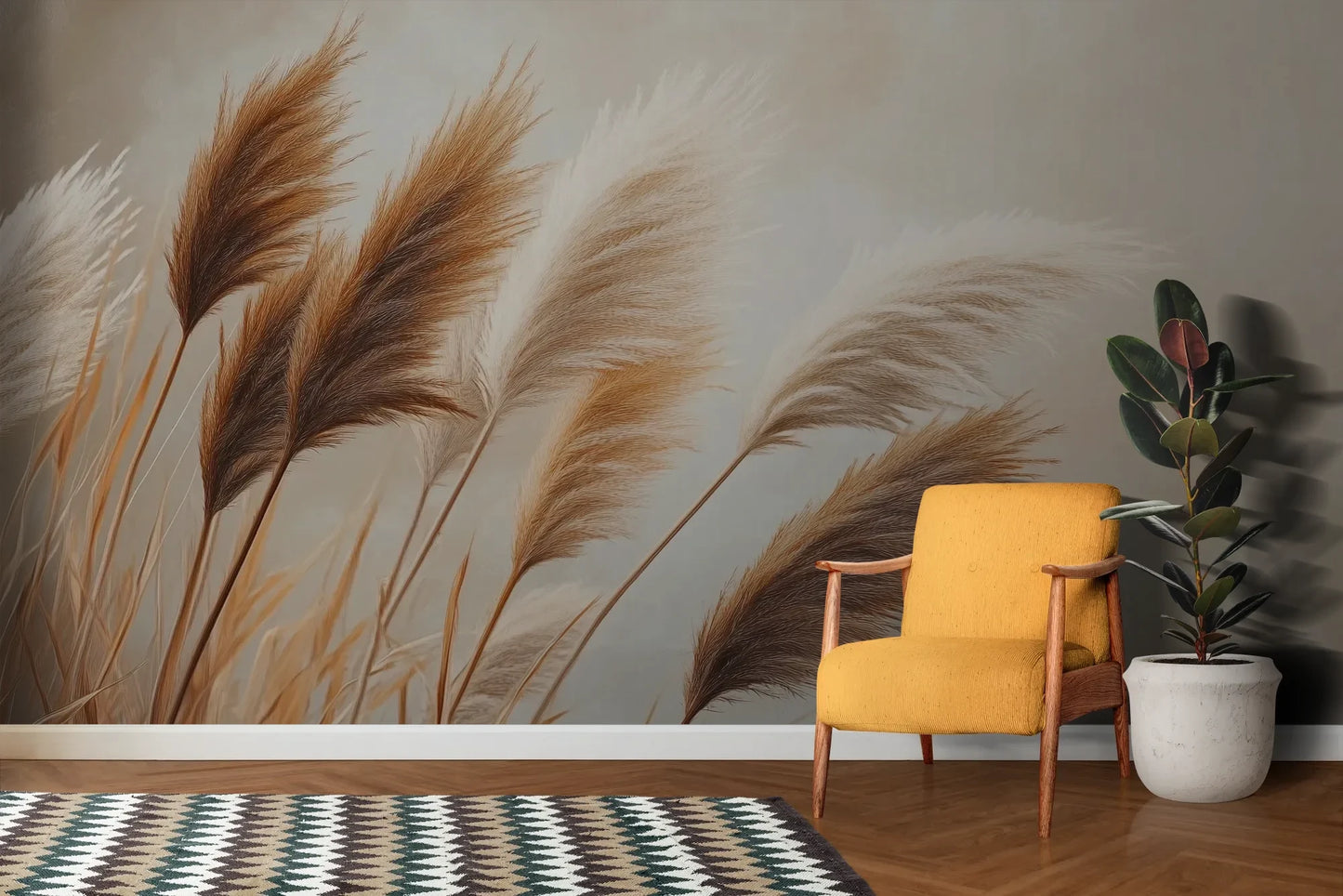 Wzór fototapety PAMPAS DREAMS - tapeta z beżowymi trawami pampasowymi pokazanej w aranżacji salonu.