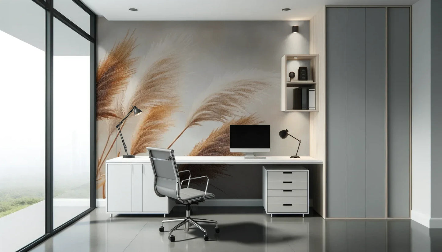 Fototapeta PAMPAS DREAMS - tapeta z beżowymi trawami pampasowymi pokazana w aranżacji biura.