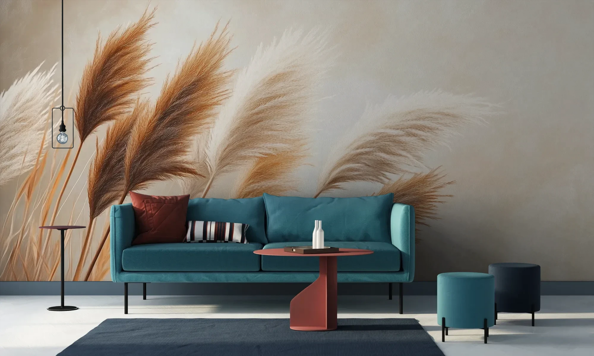Wzór fototapety PAMPAS DREAMS - tapeta z beżowymi trawami pampasowymi pokazanej w aranżacji salonu.