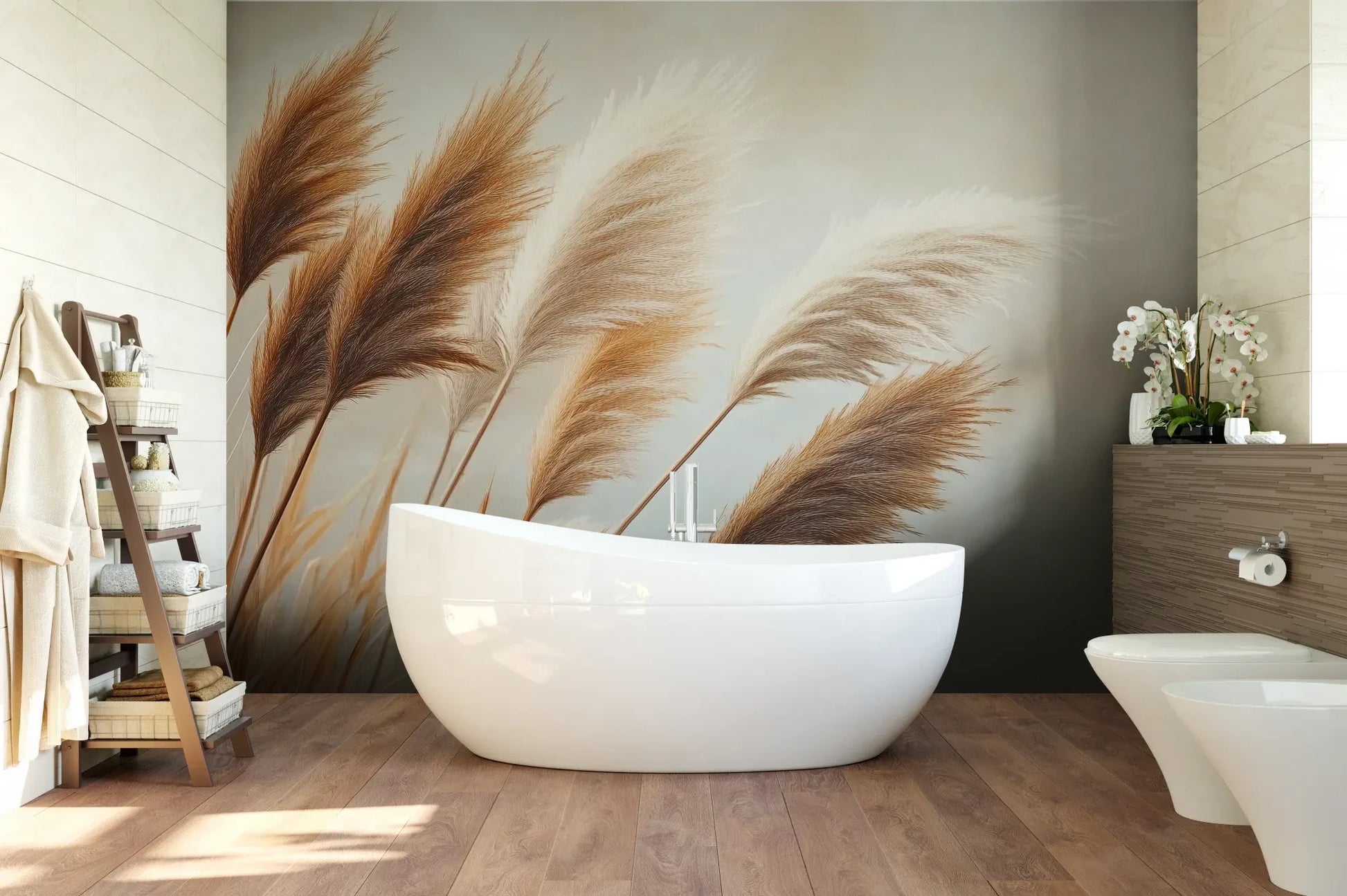 Wzór fototapety PAMPAS DREAMS - tapeta z beżowymi trawami pampasowymi pokazanej w aranżacji łazienki.