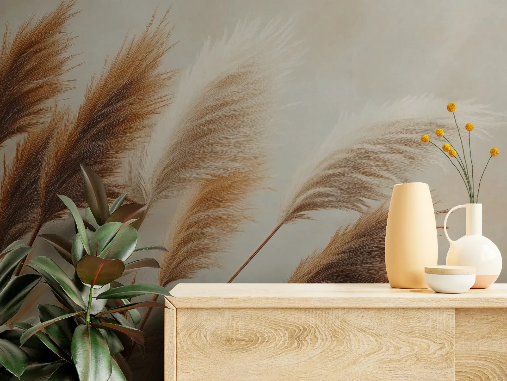Fototapeta PAMPAS DREAMS - tapeta z beżowymi trawami pampasowymi pokazana w aranżacji wnętrza z akcentem na ścianie.