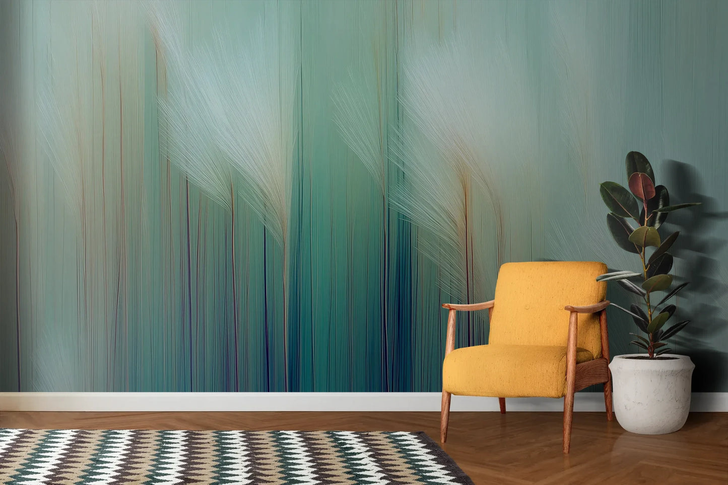 Wzór fototapety EMERALD SYMPHONY - tapeta z mglistą abstrakcją w odcieniach zieleni pokazanej w aranżacji salonu.