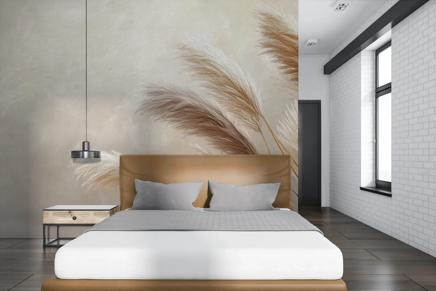 Wzór fototapety GENTLE PLUMES - tapeta z beżowymi źdźbłami trawy na jasnym tle pokazanej w aranżacji sypialni.