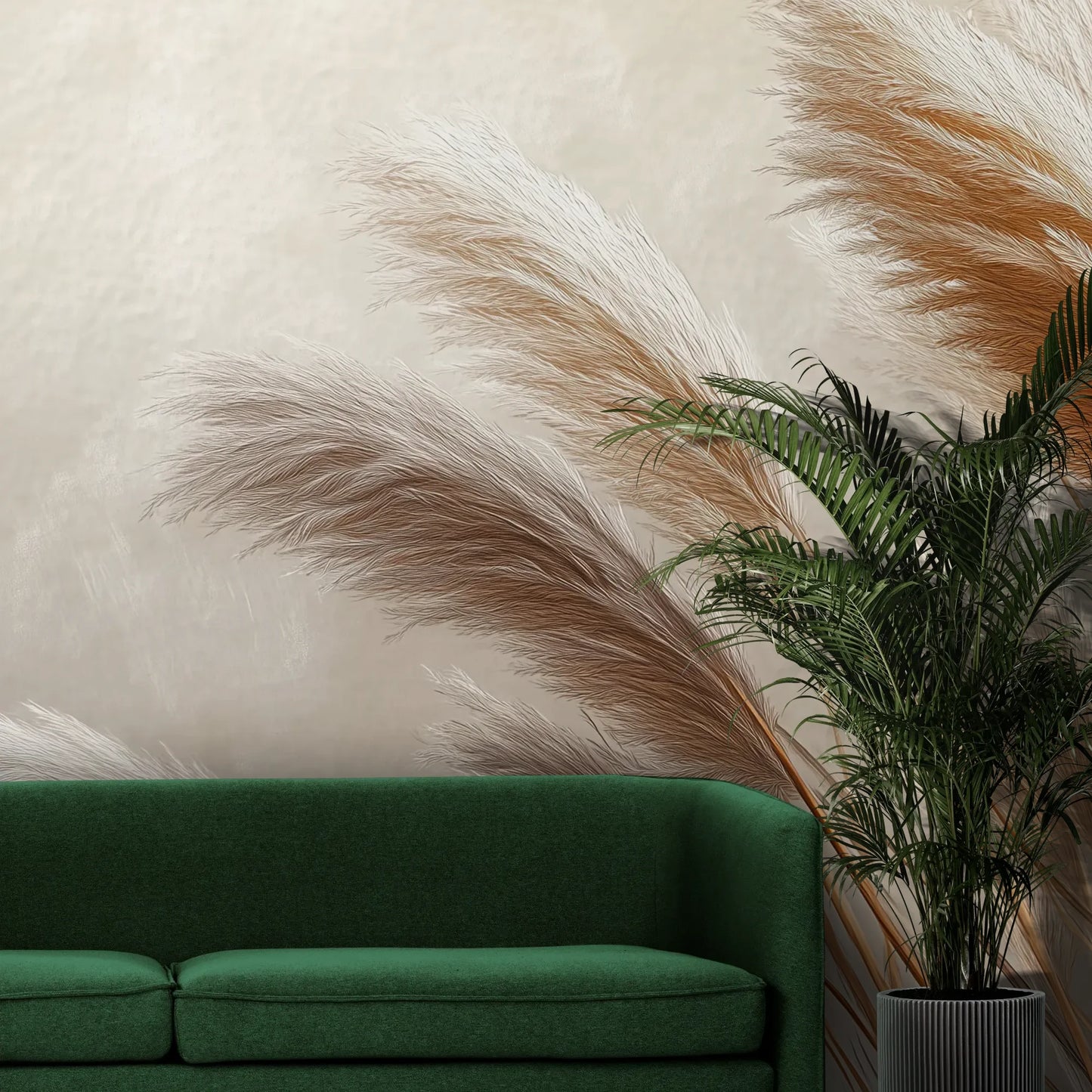 Fototapeta GENTLE PLUMES - tapeta z beżowymi źdźbłami trawy na jasnym tle pokazana w aranżacji wnętrza z akcentem na ścianie.