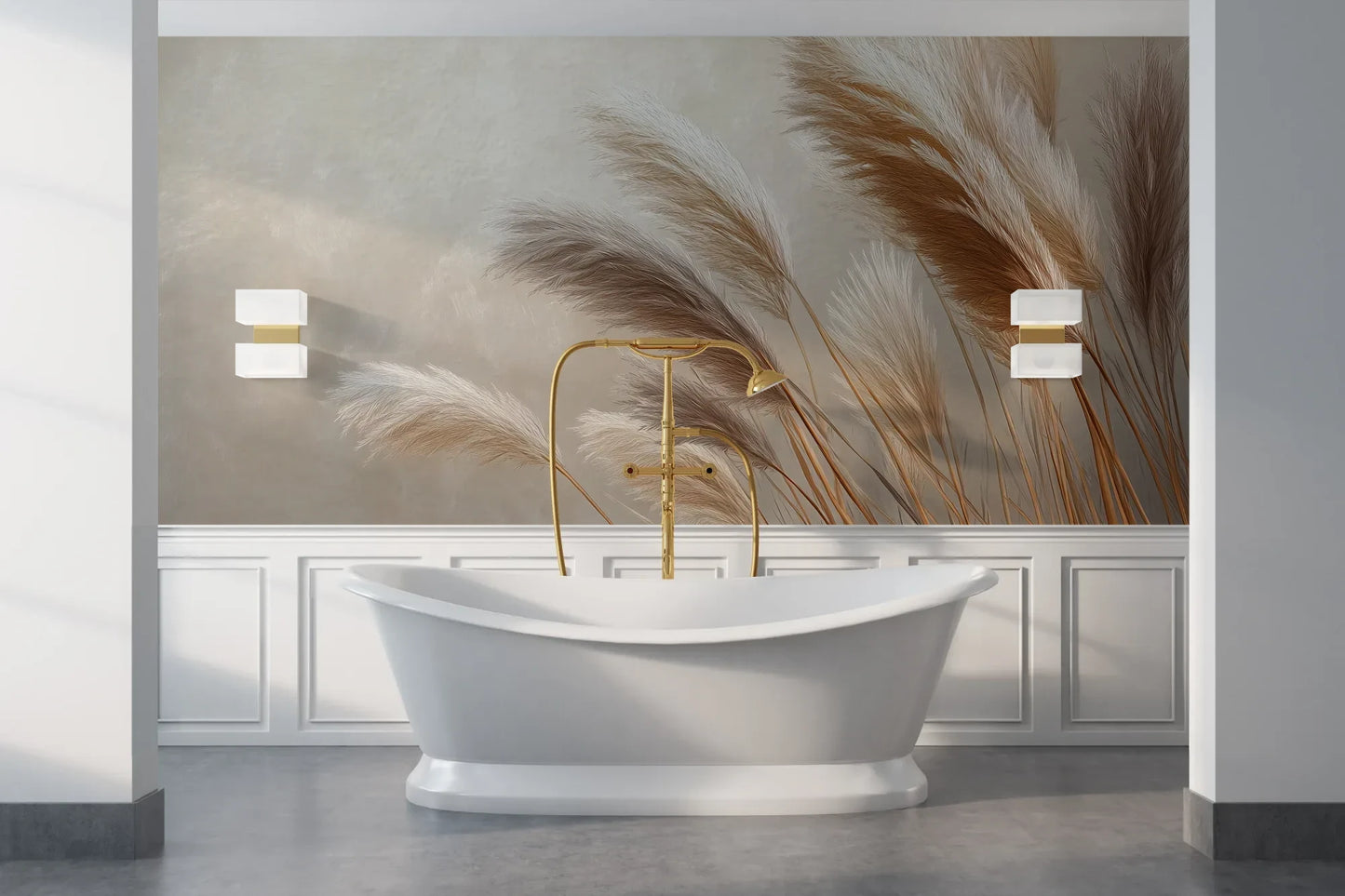 Wzór fototapety GENTLE PLUMES - tapeta z beżowymi źdźbłami trawy na jasnym tle pokazanej w aranżacji łazienki.
