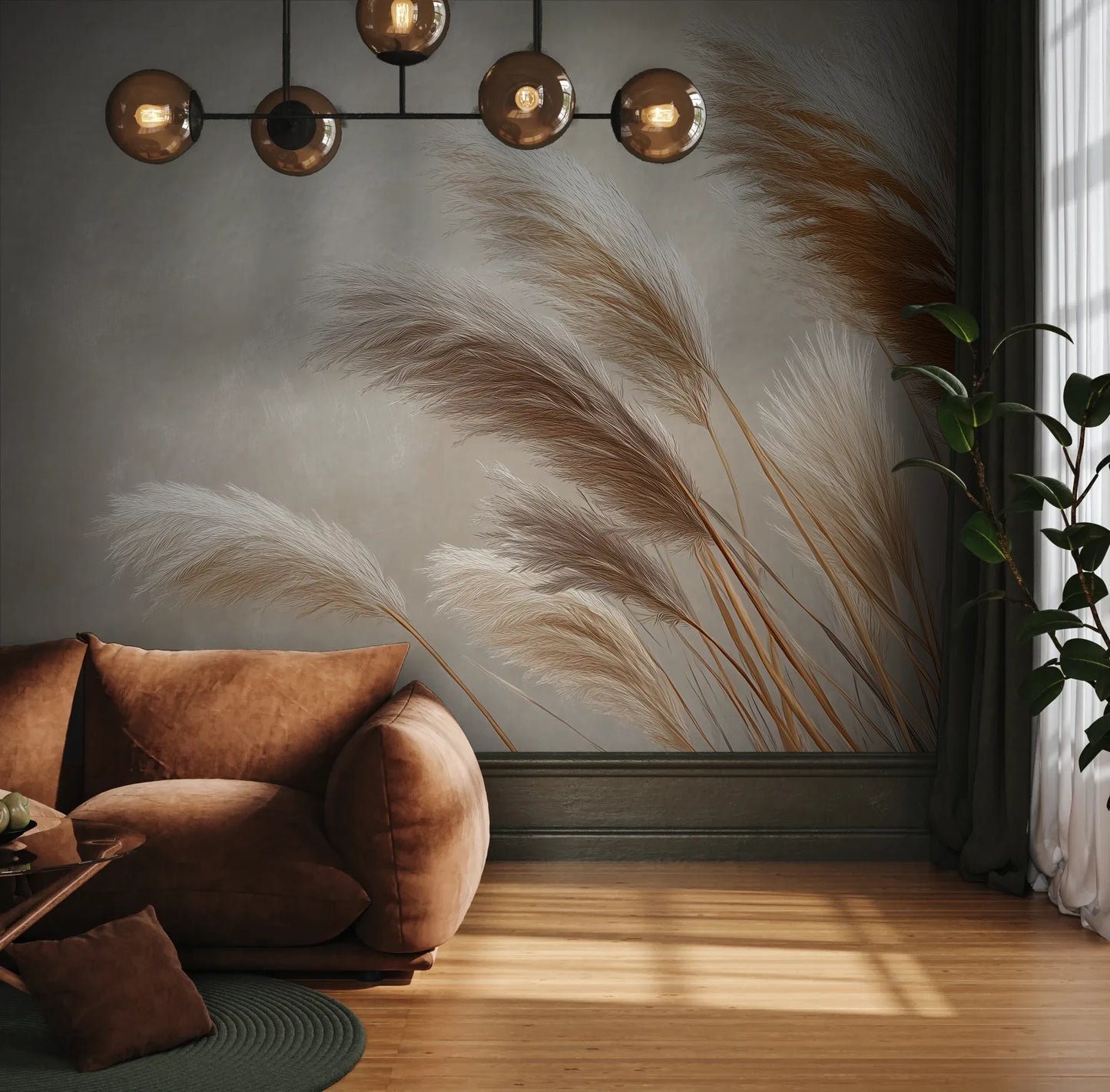 Fototapeta GENTLE PLUMES - tapeta z beżowymi źdźbłami trawy na jasnym tle pokazana w aranżacji wnętrza z akcentem na ścianie.