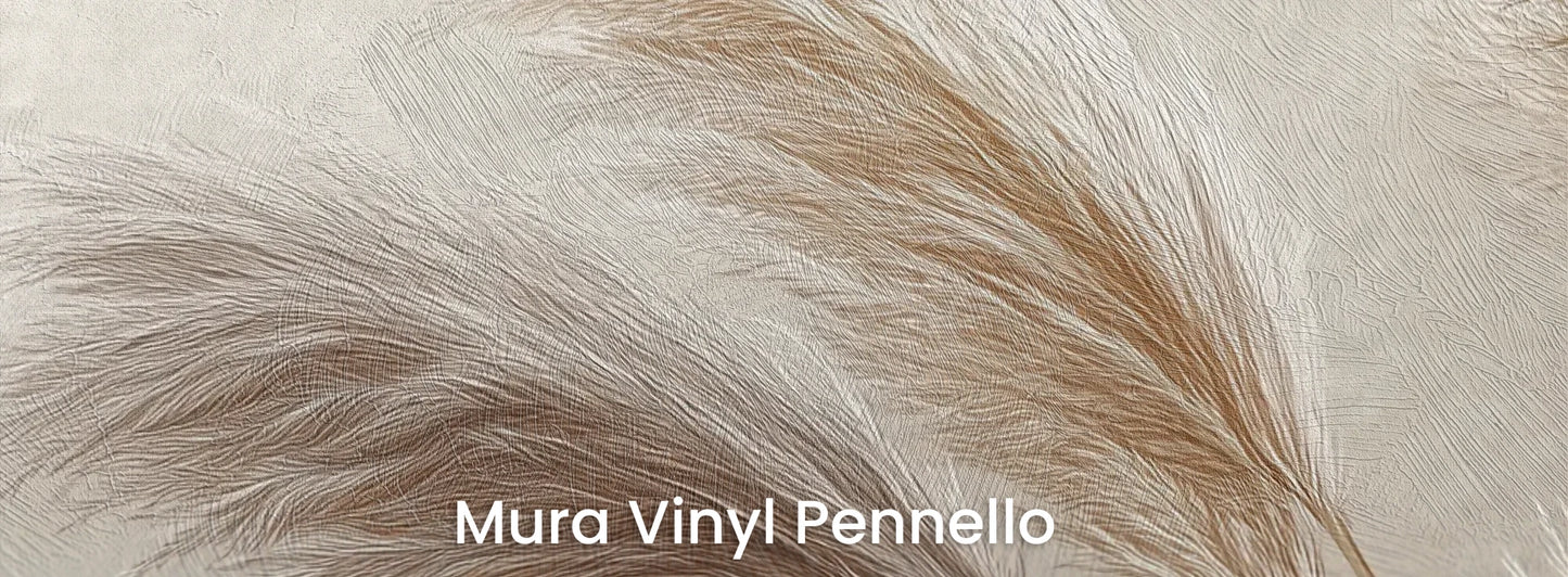 Zbliżenie na fototapetę GENTLE PLUMES - tapeta z beżowymi źdźbłami trawy na jasnym tle na podłożu o fakturze pociągnięć pędzla.