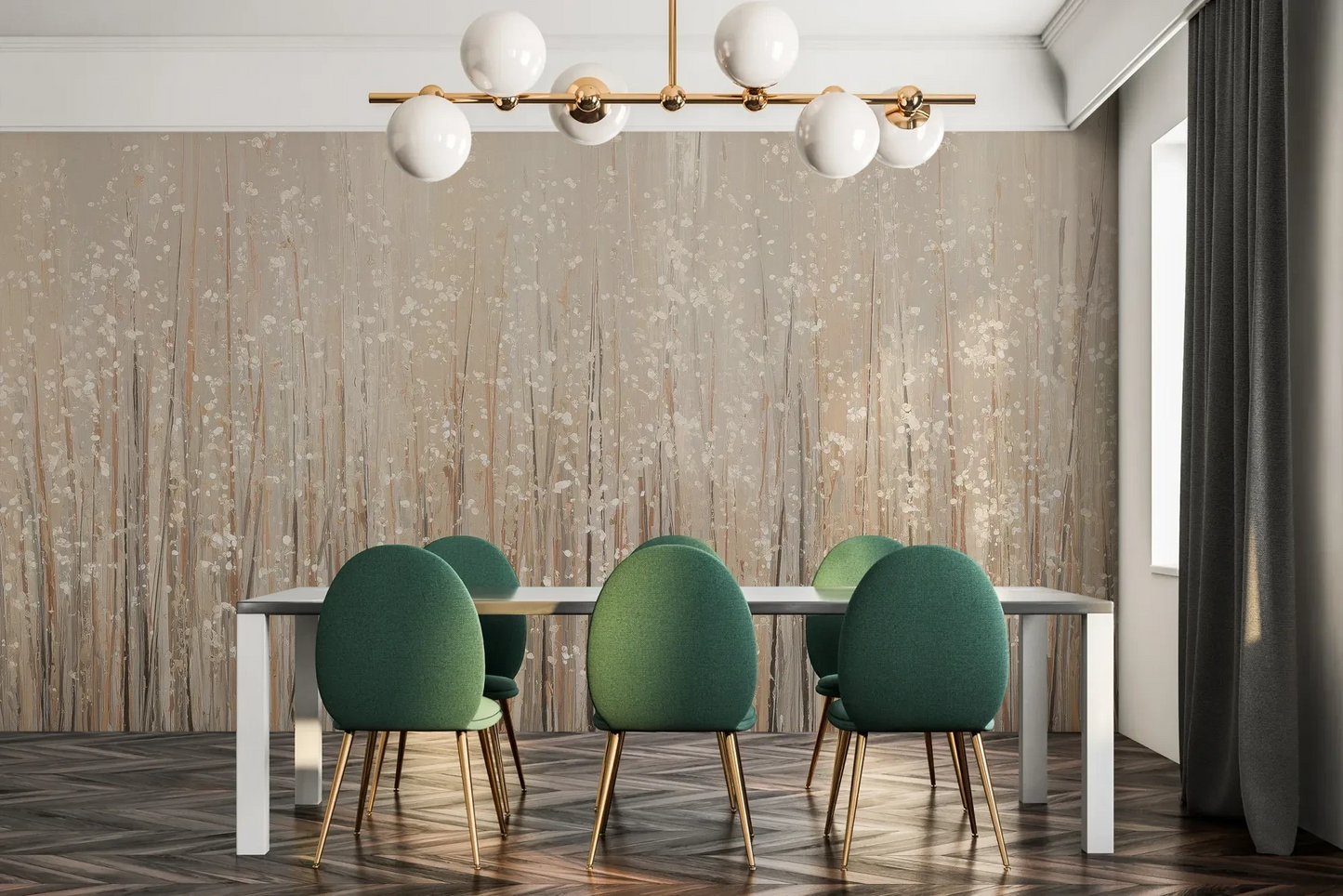 Fototapeta GOLDEN WHISPERS - tapeta z delikatnymi źdźbłami traw w beżowej tonacji pokazana w aranżacji jadalni.