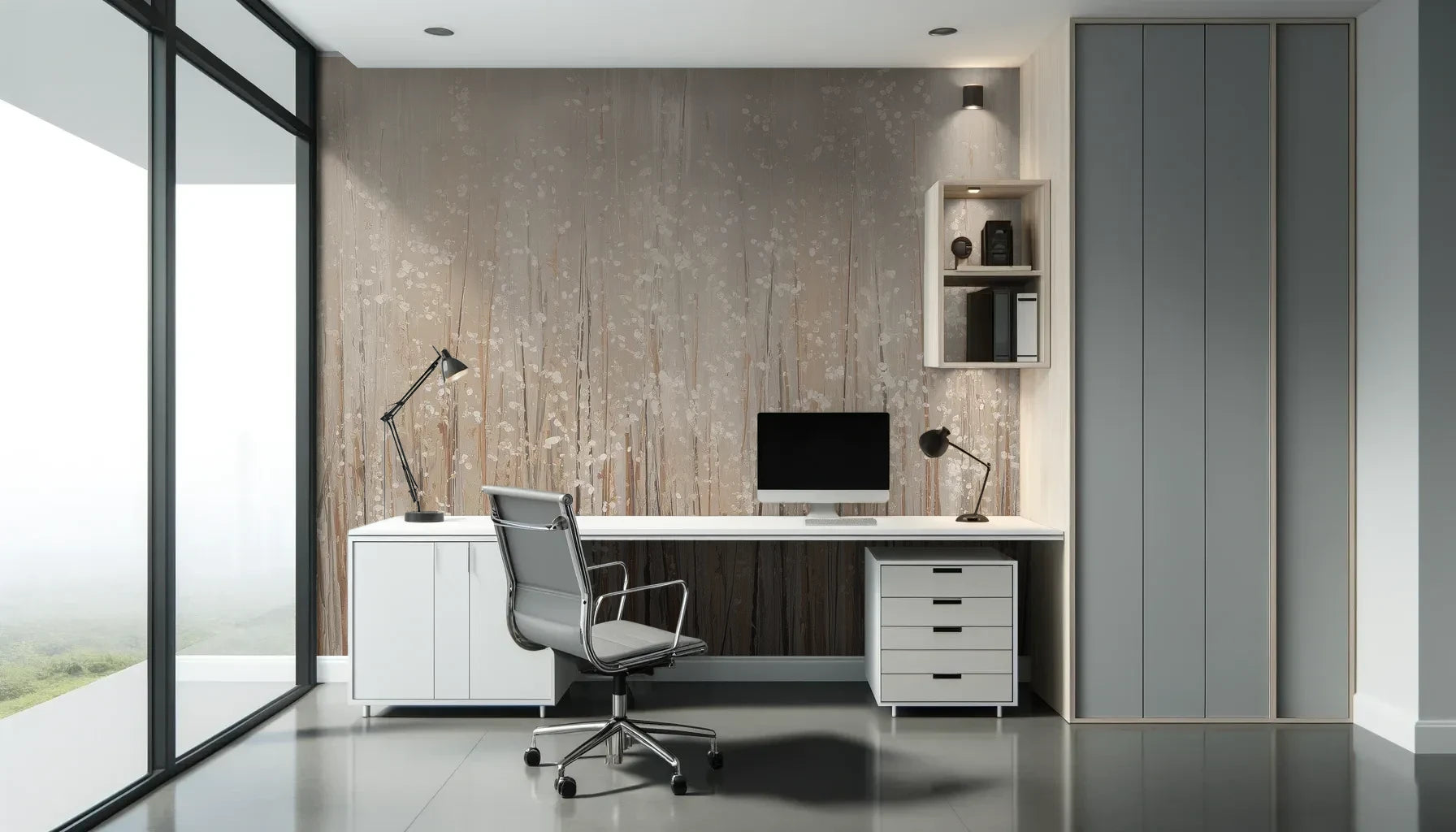 Fototapeta GOLDEN WHISPERS - tapeta z delikatnymi źdźbłami traw w beżowej tonacji pokazana w aranżacji biura.