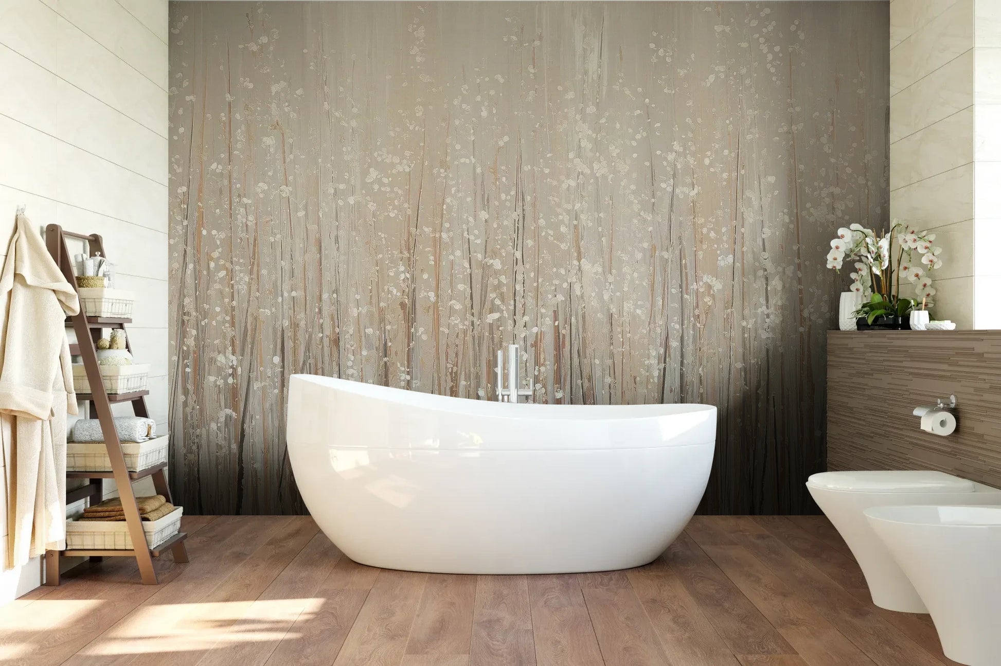 Wzór fototapety GOLDEN WHISPERS - tapeta z delikatnymi źdźbłami traw w beżowej tonacji pokazanej w aranżacji łazienki.