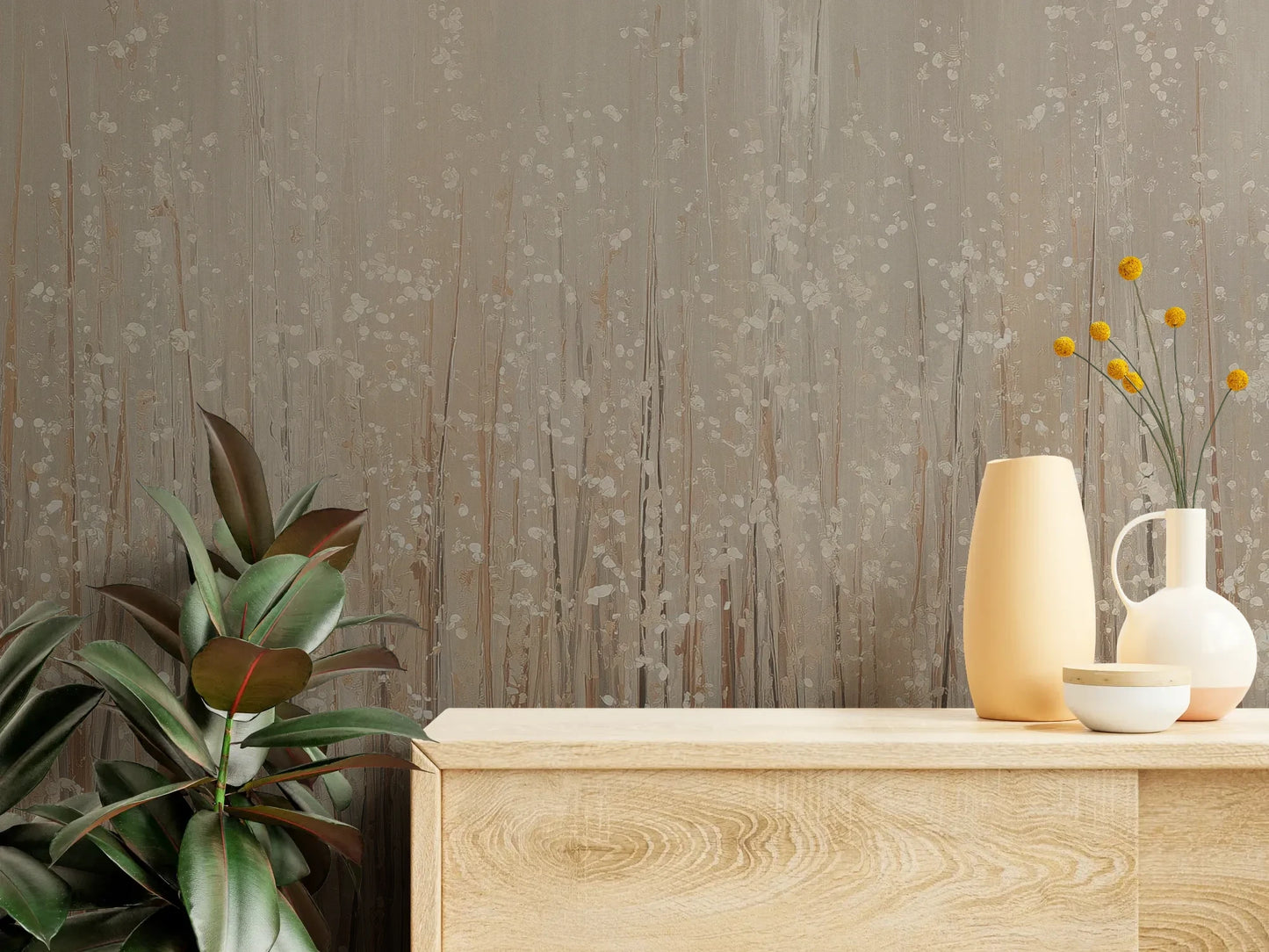 Fototapeta GOLDEN WHISPERS - tapeta z delikatnymi źdźbłami traw w beżowej tonacji pokazana w aranżacji wnętrza z akcentem na ścianie.